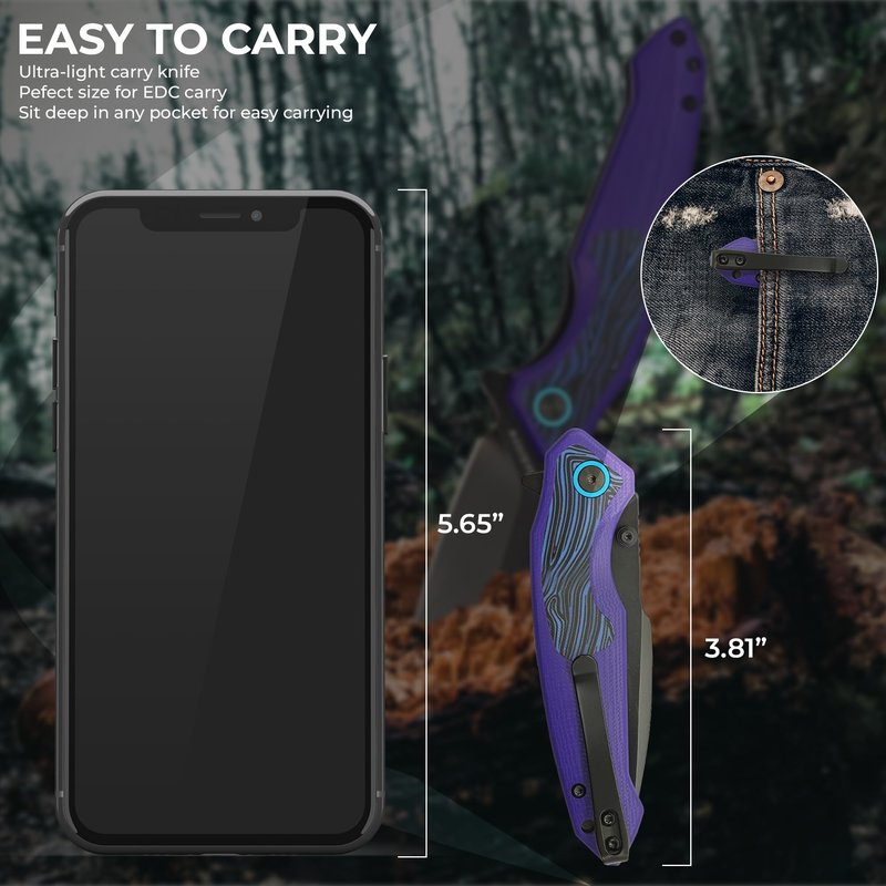 WSSGEAR D2 Steel Folding Pocket Knife with Side Lock - 4.64” Purple G10 Handle, Blue Damascus Inlay, Black Titanium Coated EDC Blade, Bonus Emergency Pocket Wire Saw