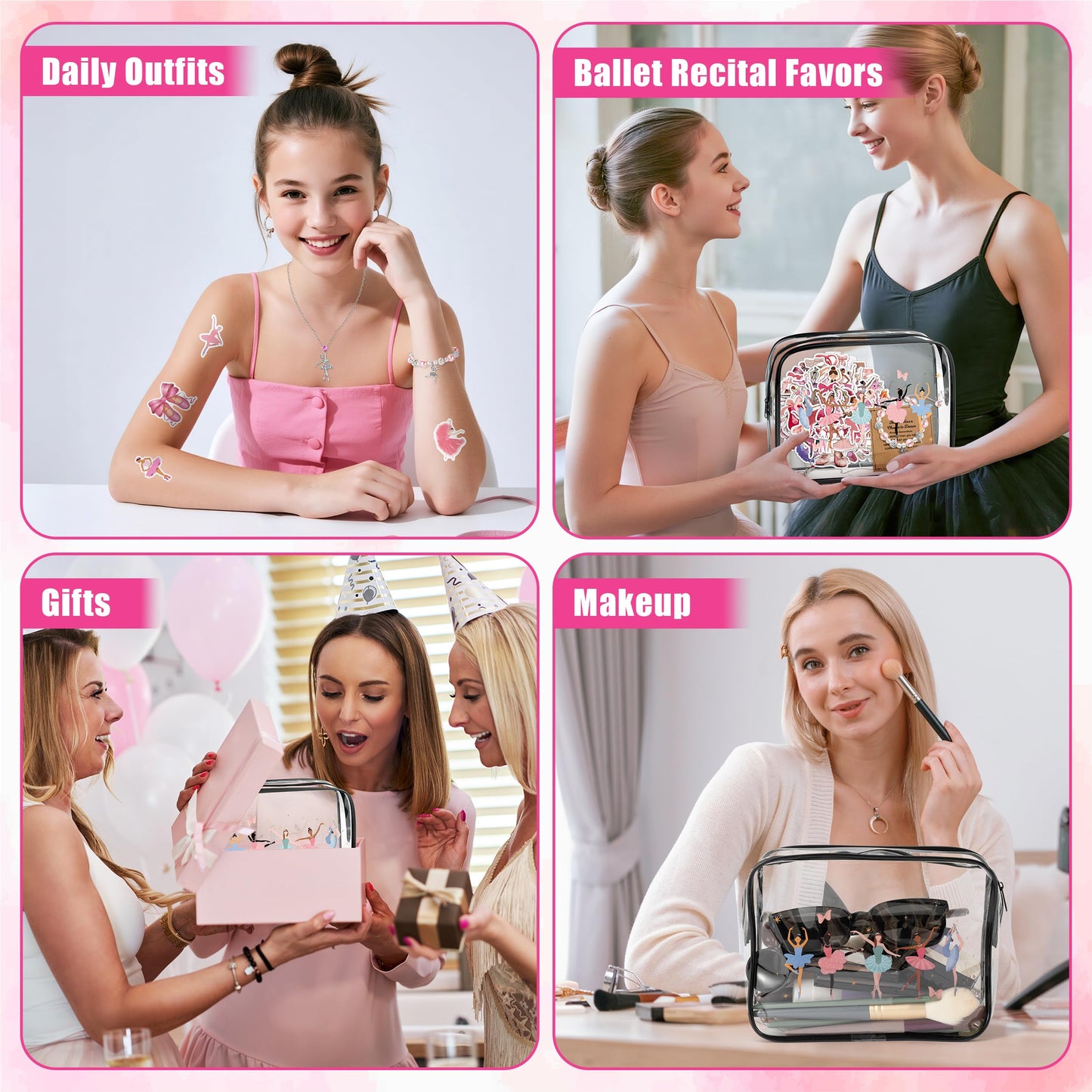 Y1tvei Cute Ballerina Girl PVC Makeup Bag - 64Pcs Ballet Dancing Girl Cosmetic Pouch Recital Gifts, Clear Makeup Bag with Dance Stickers Sparkly Necklace Bracelet Card for Ballet Dancer Birthday Party