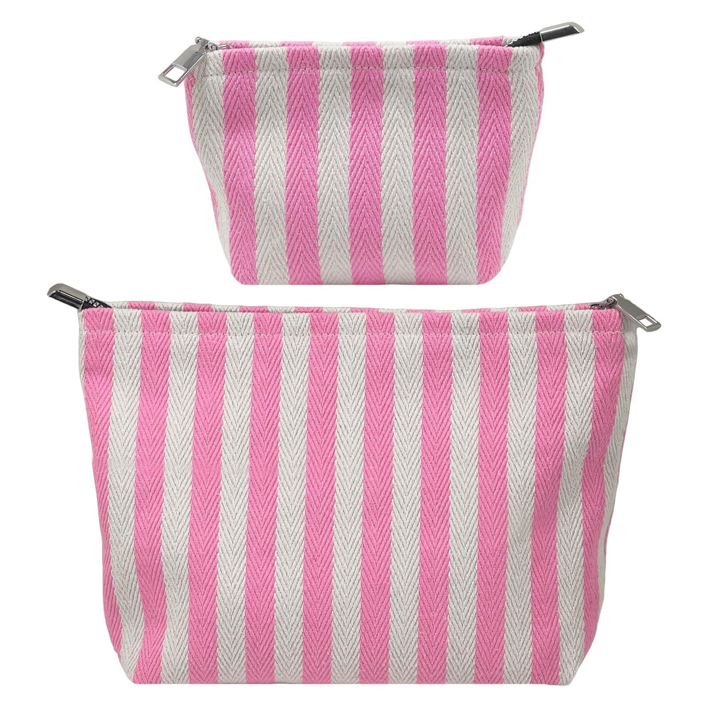 2 Pcs Makeup Bag Set, Women Gifts, Travel Cosmetic Bags, Canvas Make up Bag for Purse, Pink Striped Makeup Pouch with Zipper Lining, Cosmetic Storage Car Organizer, Portable Large & Small Toiletry