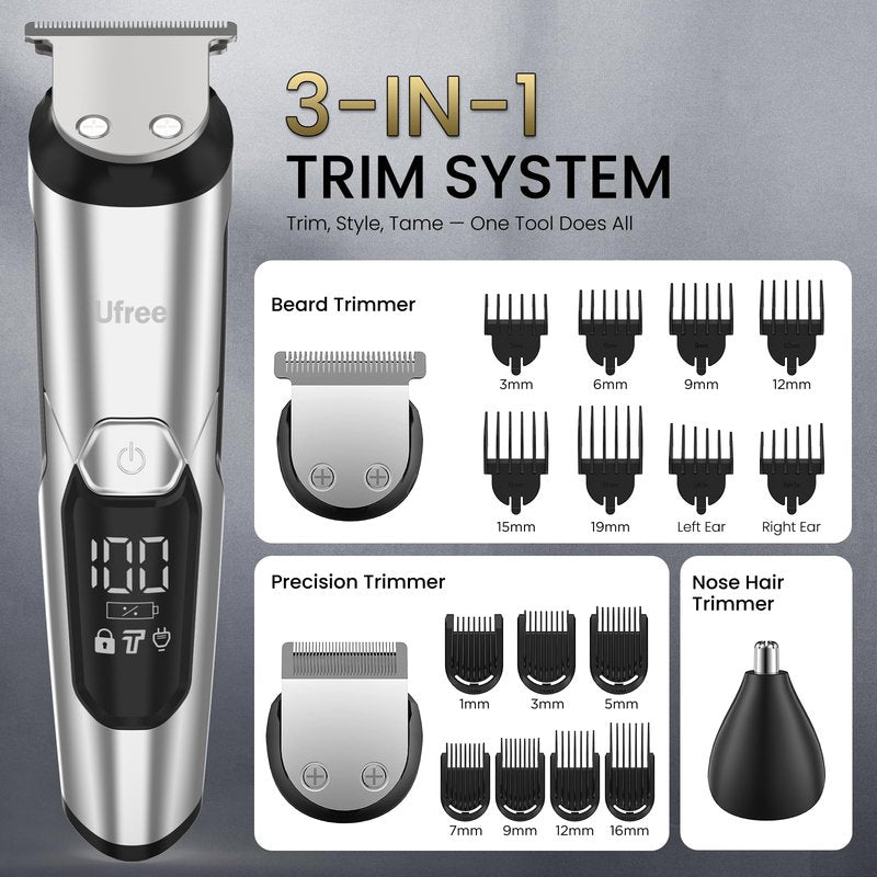 Ufree 3-in-1 Beard Trimmer Kit, Men's Electric Shaver Razor for Mustache Body Nose Facial Hair, Professional Hair Trimmer, Rechargeable Clippers, Waterproof Beard Grooming, Birthday Gifts for Men
