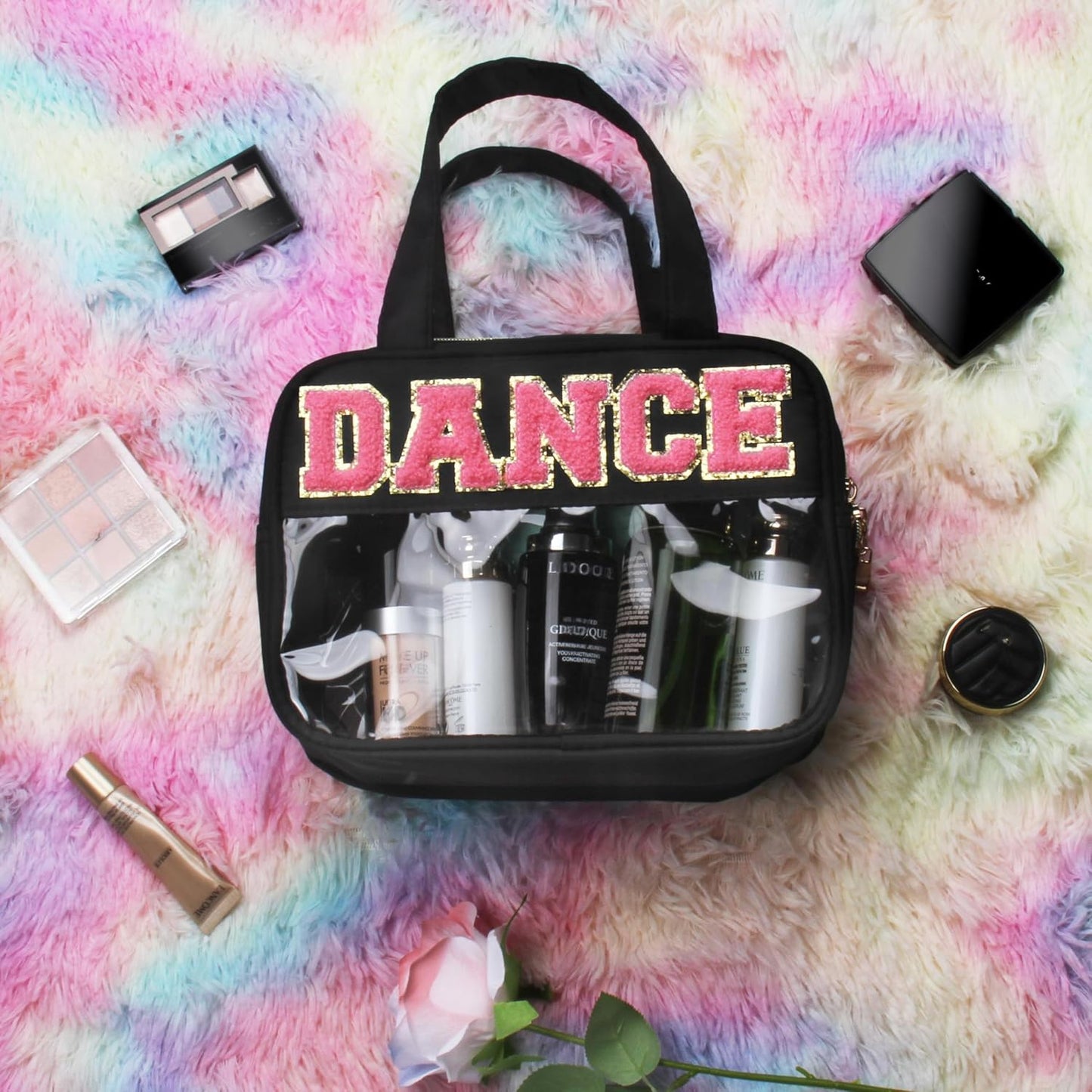 Dance Chenille Letter Bags - Clear Makeup Travel Pouch | Waterproof Nylon & PVC, Large Cosmetic Storage for Women