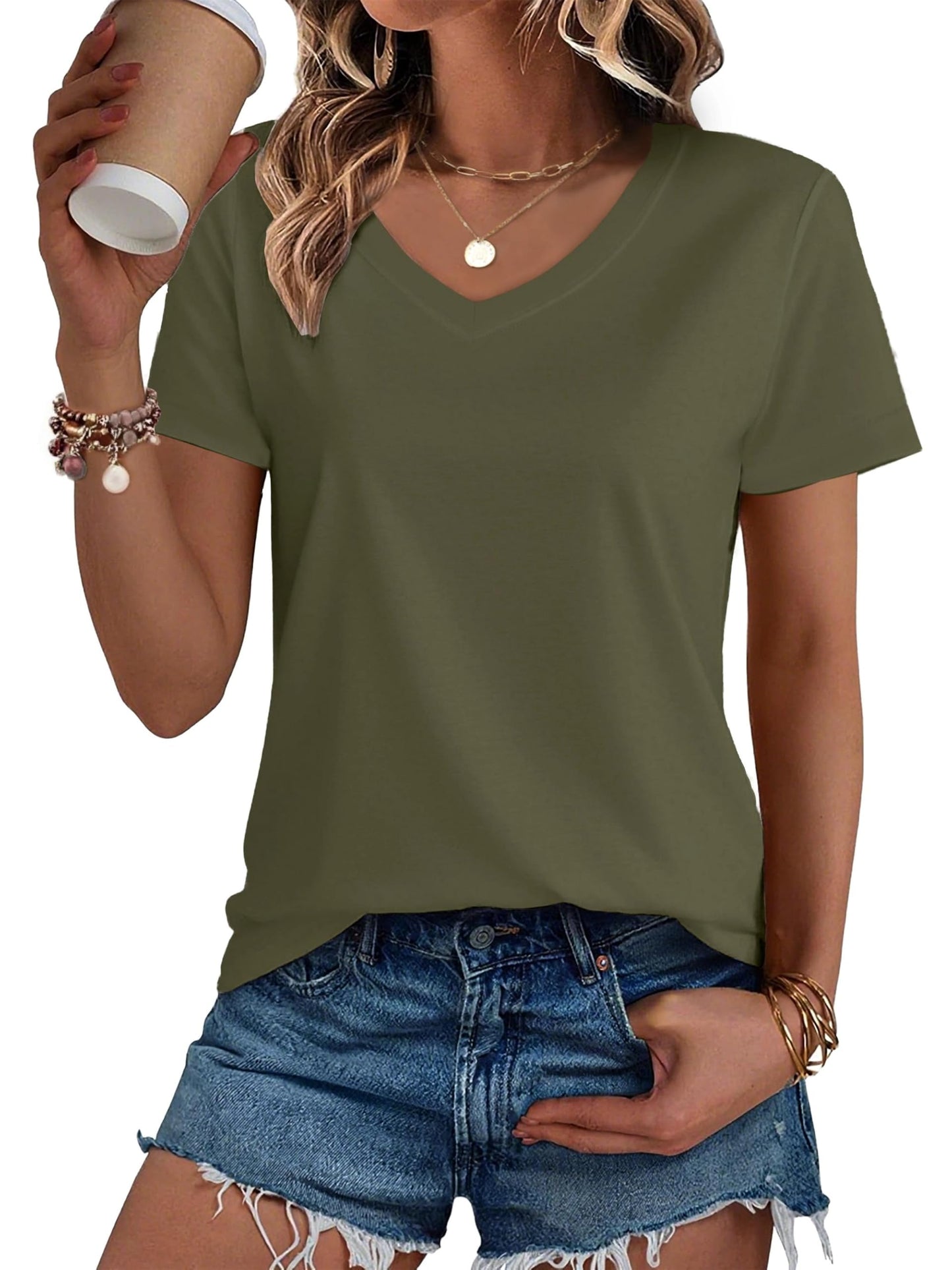 SMENG Women's Cotton V Neck T-Shirt Short Sleeve Solid Color Tee Casual Fit Tee Breathable Summer Fashion Tops