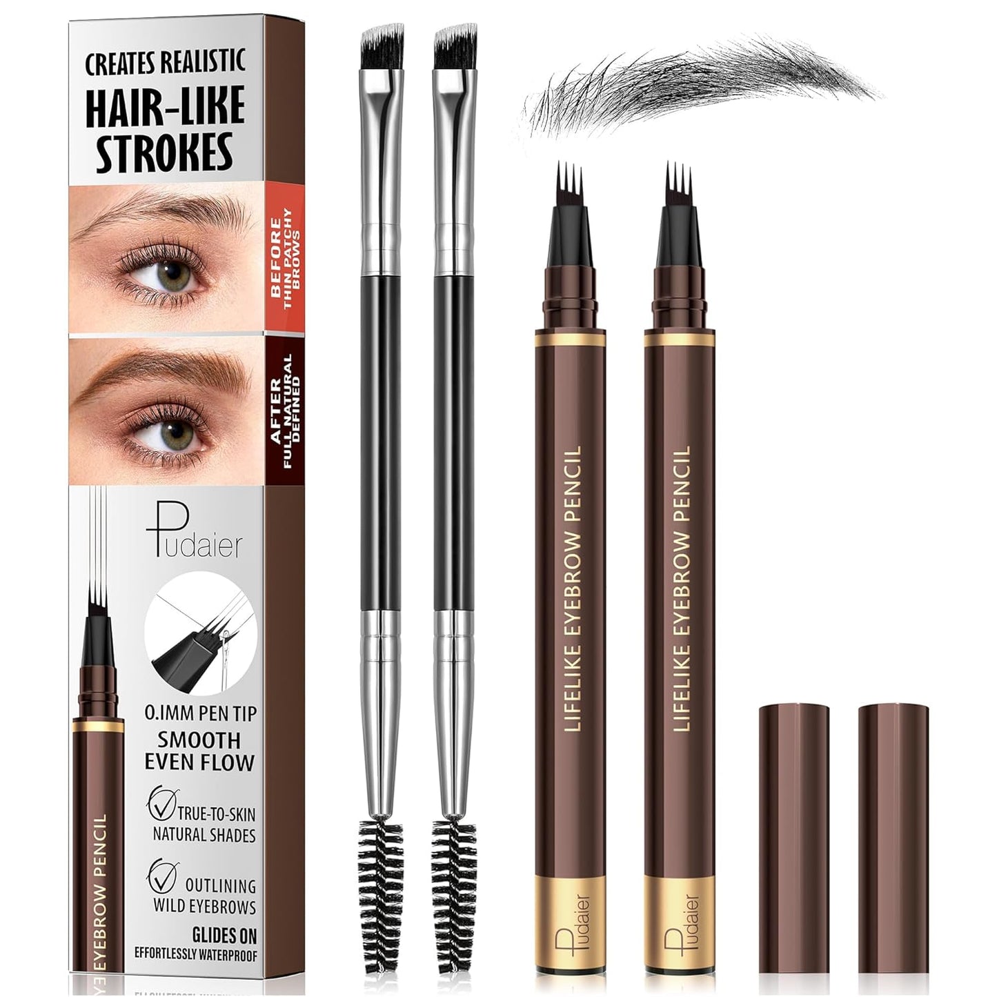 Microblading Eyebrow Pen Set - 4-Tip Waterproof Vegan Formula for Natural Hair-Like Strokes | 2 Pack Soft Brown