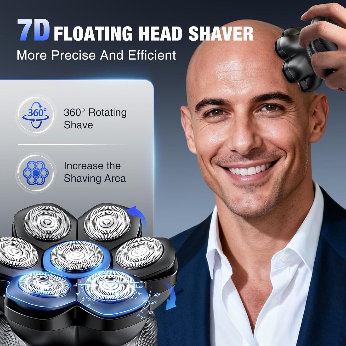 7D Head Shaver for Bald Men - Dual Speed Electric Razor with IPX6 Waterproof Design | Cordless, Gray