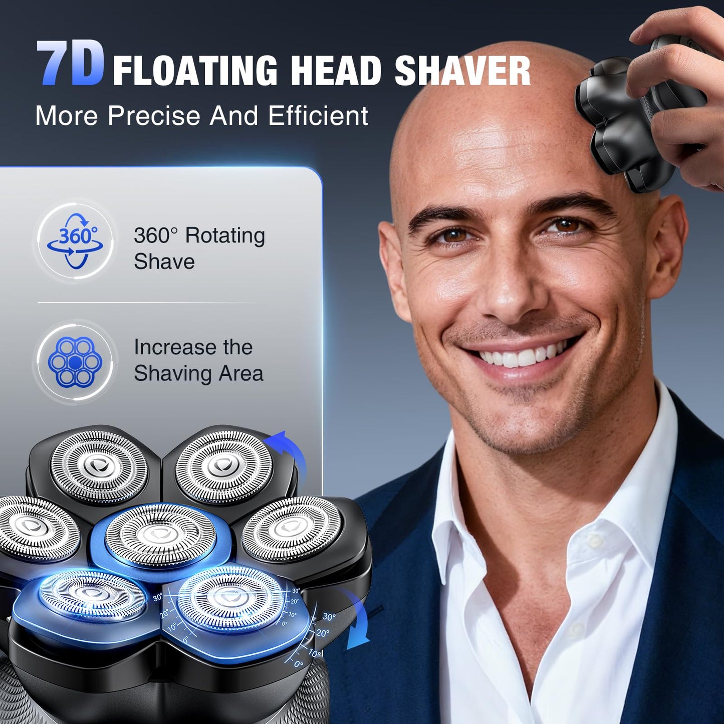 7D Head Shavers for Bald Men - 2026 New Dual Speed Electric Shaver, Bald Head Shaver with Magnetic Shaver Head IPX6 Waterproof Wet/Dry Use Shaving Balding Clipper LED Display Cordless Head Razor Gray