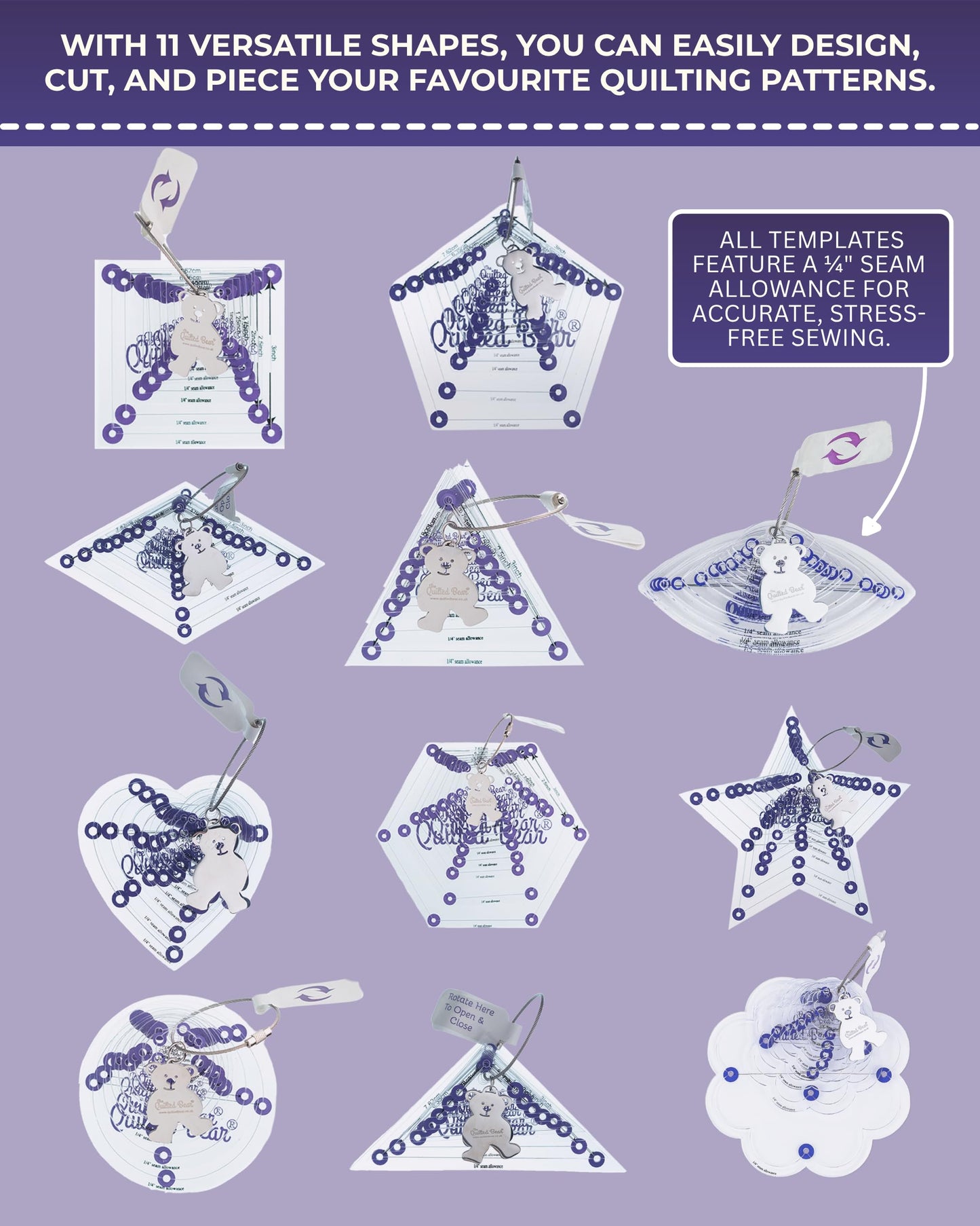 The Quilted Bear Square Quilting Templates – 8 Clear Non-Slip Acrylic Quilt Templates for Precise Fabric Cutting & Stress-Free Machine Quilting - Ideal for Quilt & Sewing Supplies (¾–3")