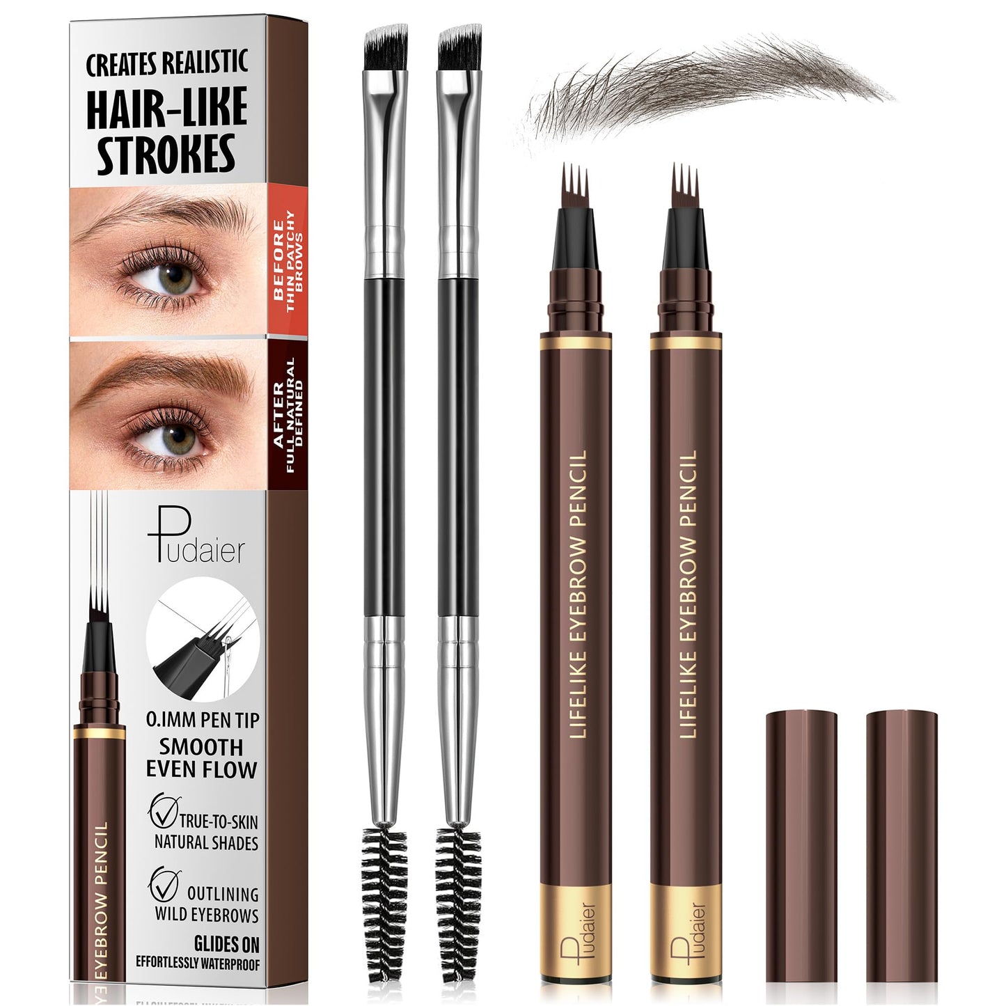 2 Pack 4-Tip Microblading Eyebrow Pen with 2 Brow Brushes, Waterproof Vegan Formula Eyebrow Pencils for Women to Effortlessly Create Natural Hair-Like Strokes, All-Day Wear (Ash Brown)