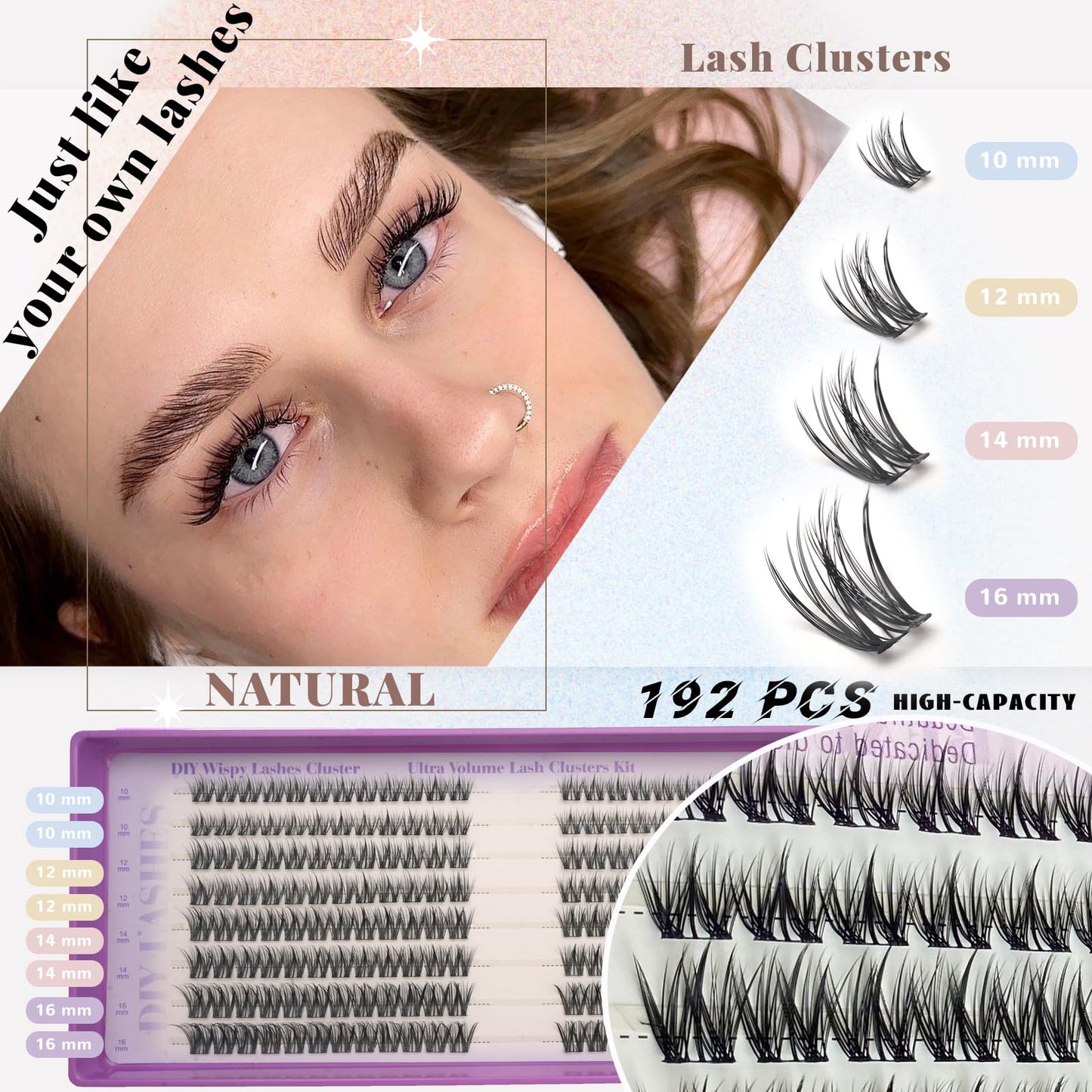 Wispy Lash Clusters Kit, Natural Lash Cluster Eyelash Extensions 192 Pcs C Curl 10-16mm Individual Fluffy False Eyelashes Thin Band DIY Kit for Beginners at Home with Bond Seal Remover Tweezers Brush