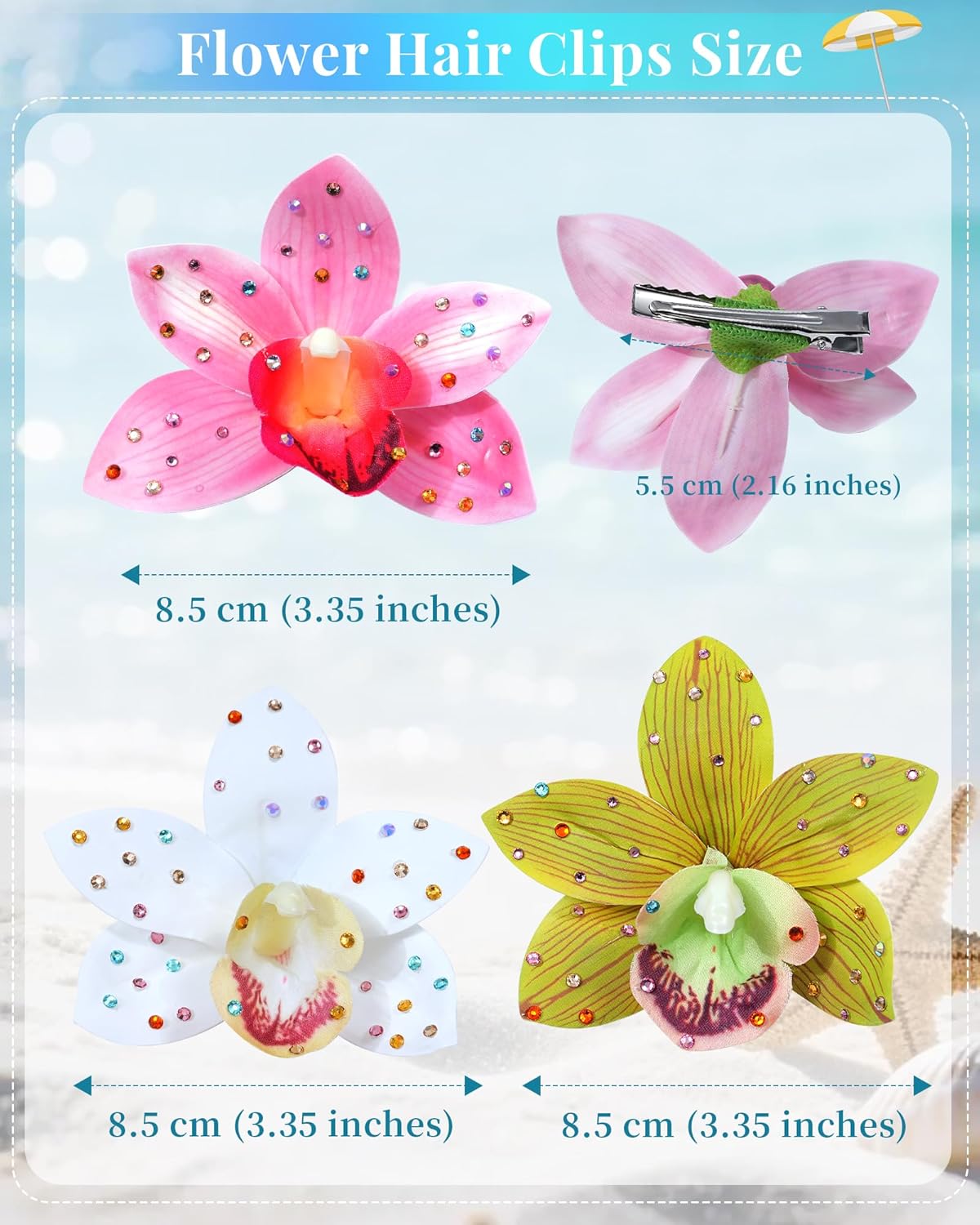 Hawaiian Flower Hair Clips - 3 Pack Tropical Orchid Hair Pins | Rhinestone Accessories for Weddings & Beach Parties (Pink)