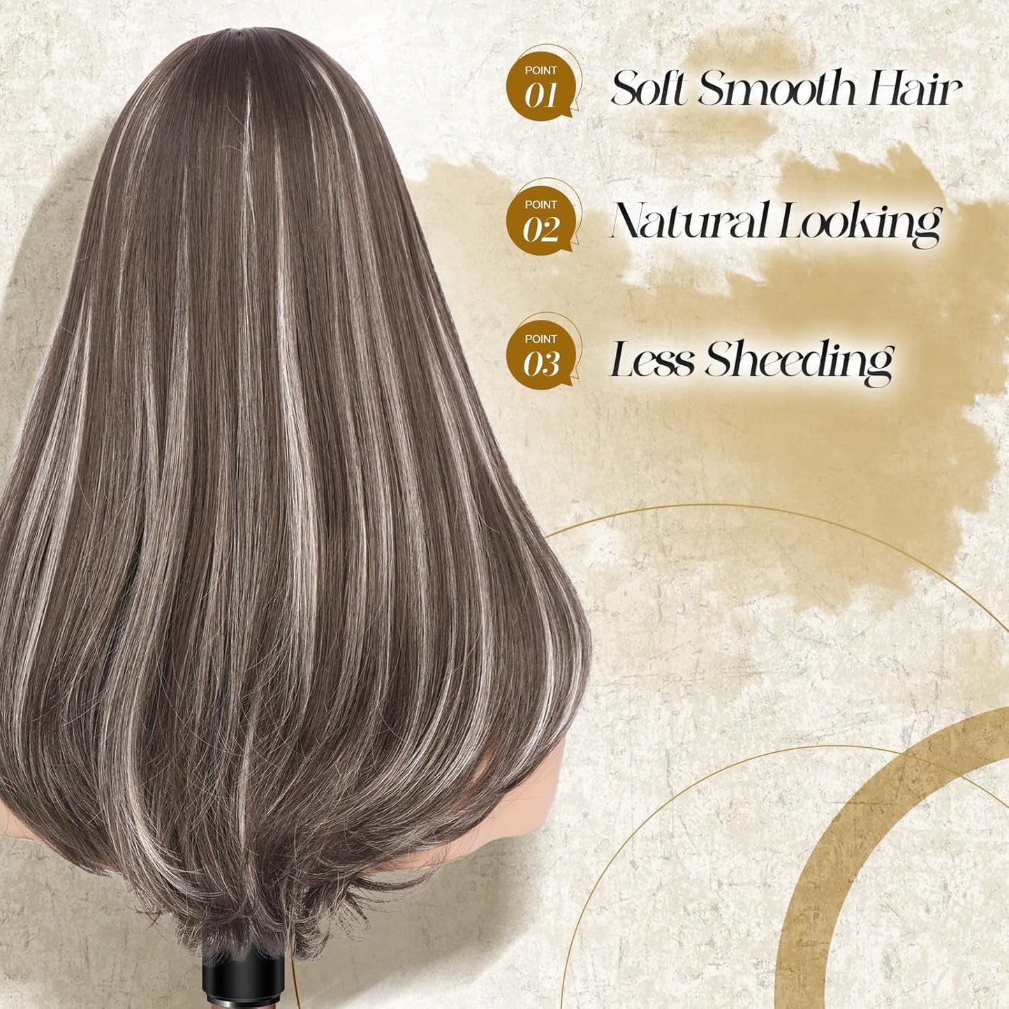 Long Wigs with Bangs - Synthetic Layered Straight Hair Wig for Women | 18 Inch Brown Mixed Grey Highlights