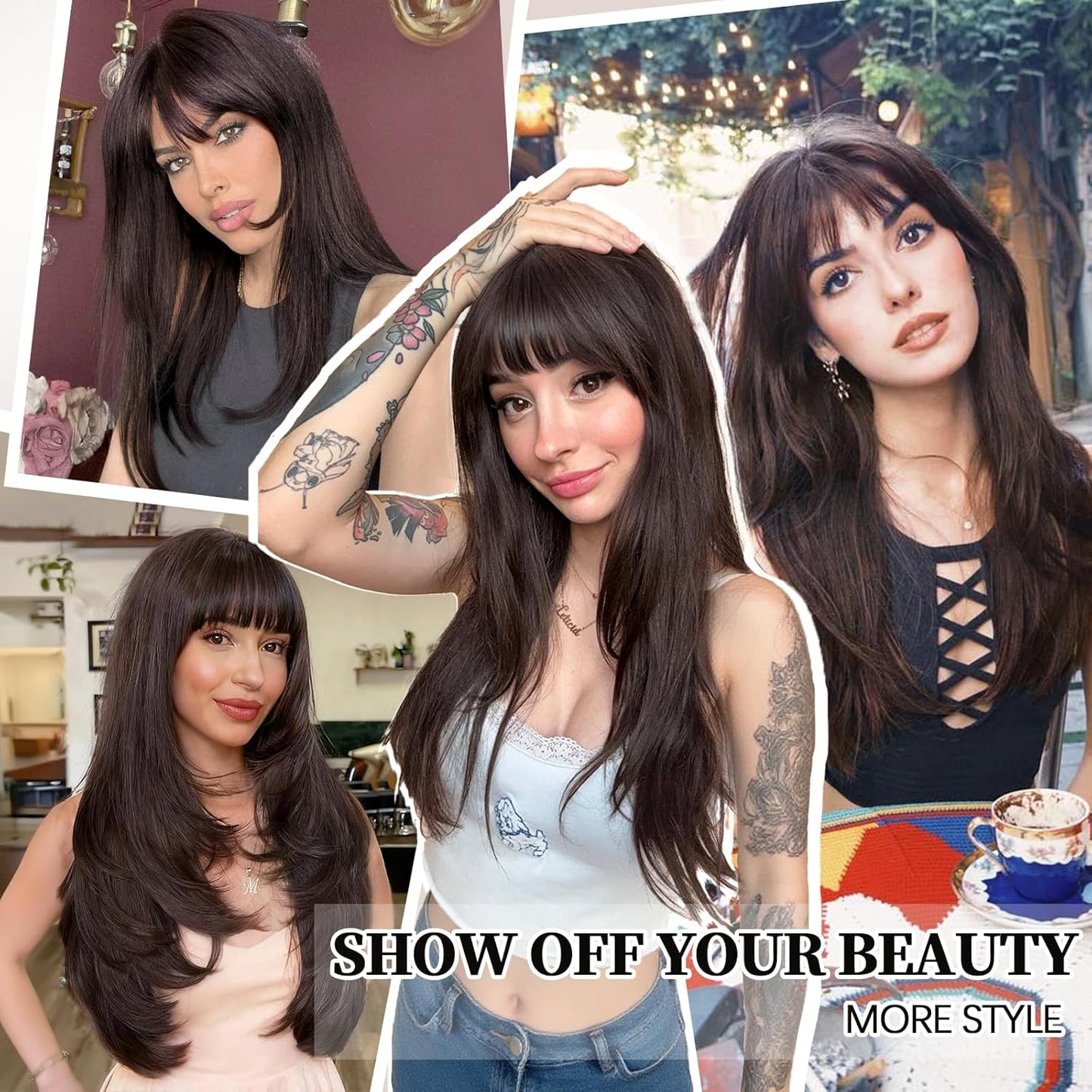 Brown Wig with Bangs for Women - 4x4 Realistic Scalp, Heat Resistant, 26 Inch Long Layered Synthetic Wig | Natural Dark Brown for Daily Use & Cosplay
