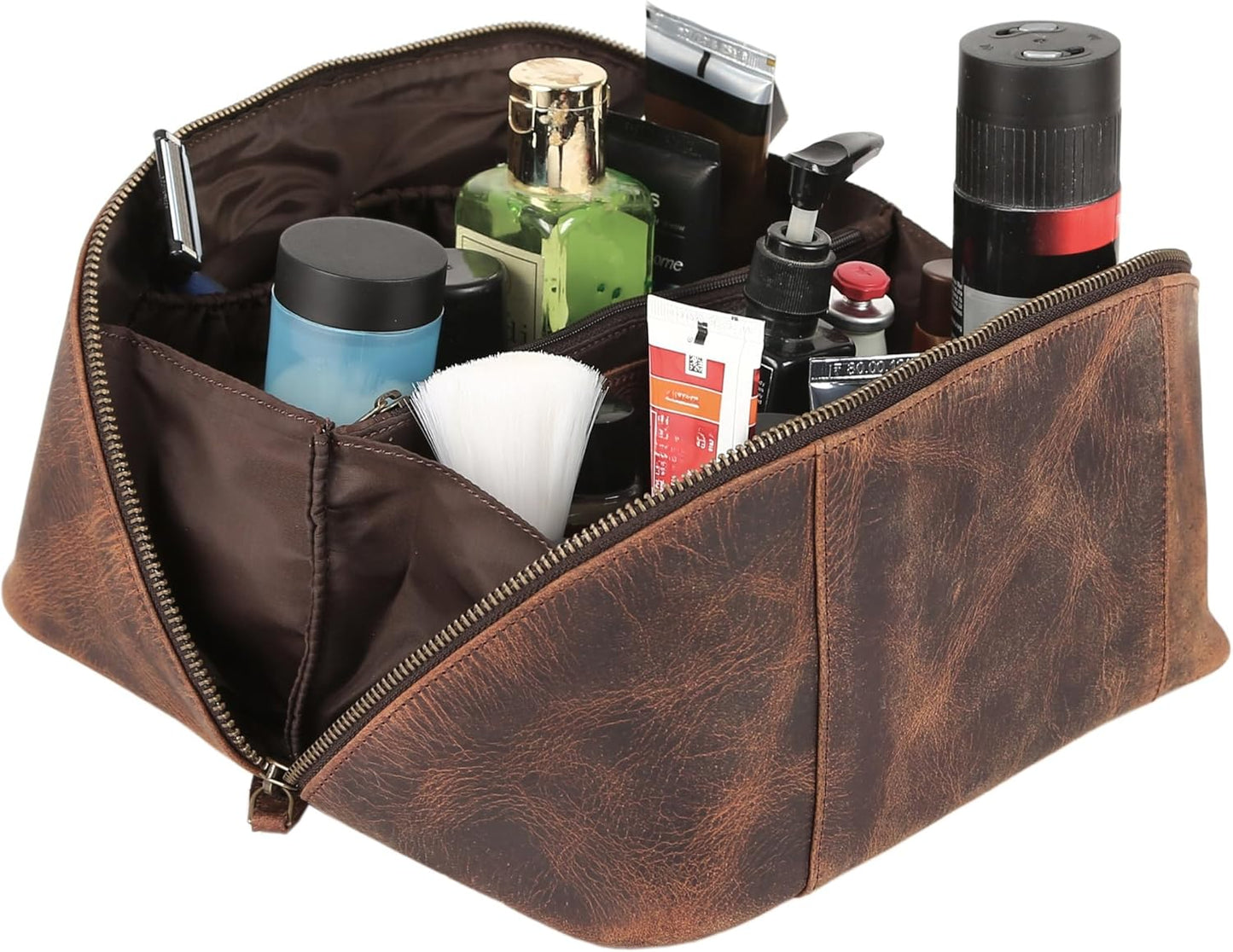 Luxury Leather Men's Toiletry Travel Bag - Handmade Waterproof Shaving Kit | Spacious Storage & Carry Handle (Dark Brown)
