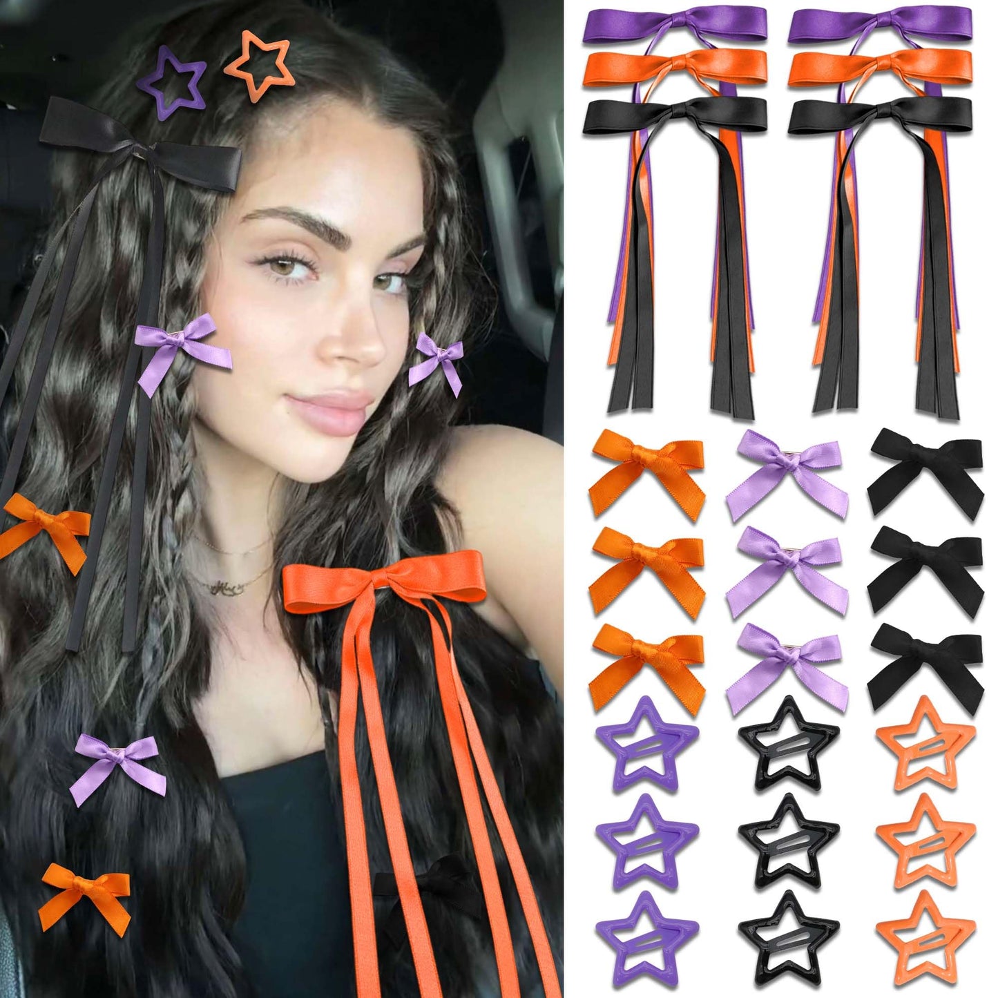 STGDAK 24 Pcs Halloween Hair Bows Ribbon Long Tailed Y2k Star Hair Clips Cute Girls Bows Black Purple Orange Bow Barrettes Mini Star Clip Gothic Halloween Hair Accessories For Girls Women Teens Party