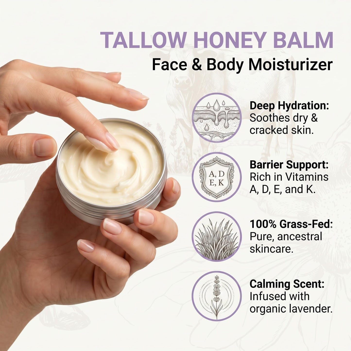 Beef Tallow for Skin – 2 Pcs Tallow and Honey Balm with Lavender Essential Oil, Beef Tallow for Face & Natural Tallow Face Moisturizer, Grass-Fed Tallow and Raw Honey Balm, Nourishing Hydrating Balm