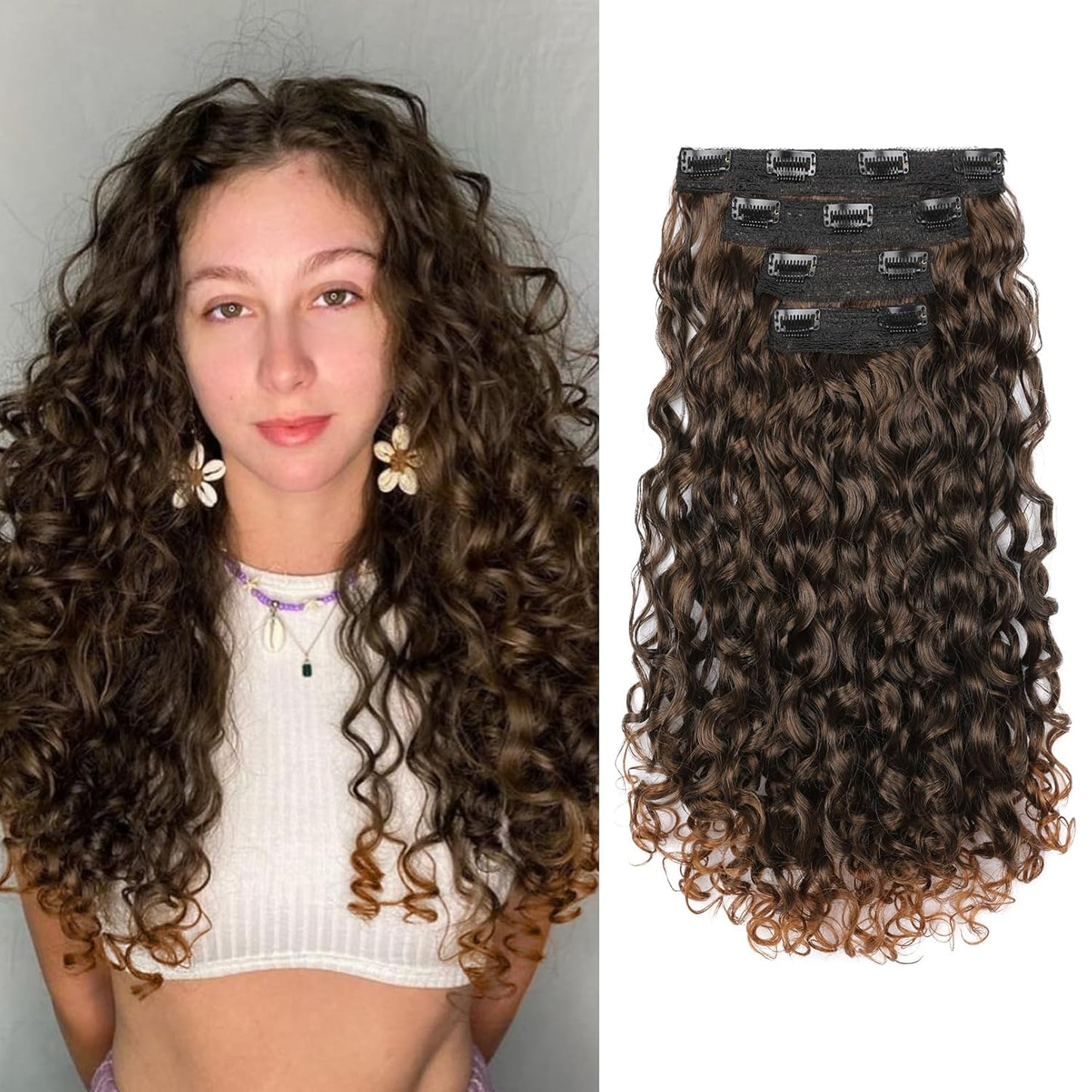 Curly Hair Extensions - 4PCS 18" GoGo Curly Clip-Ins | 100% Protein Hairpieces, Honey Blonde Highlights