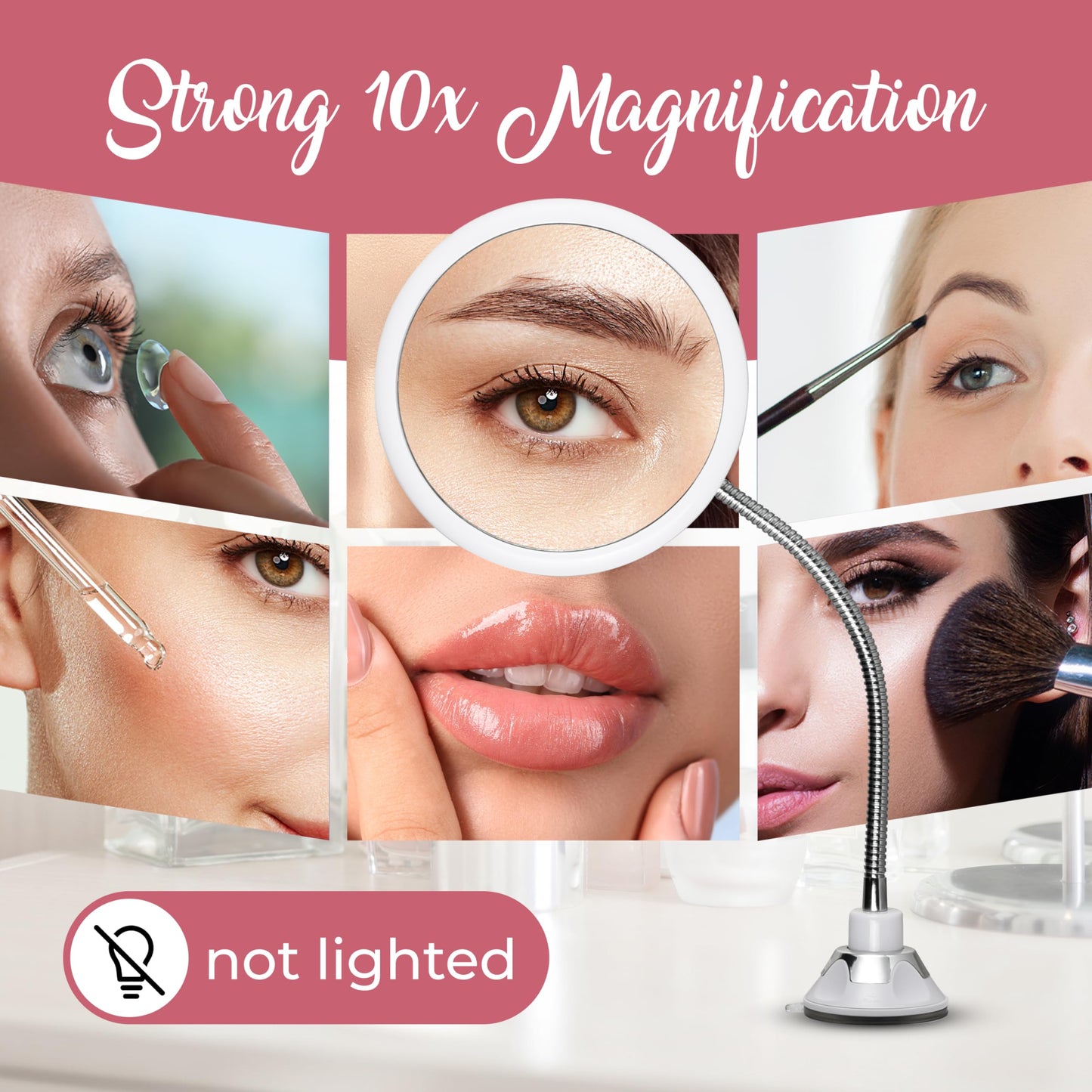 MIRRORVANA Flexible 10X Magnifying Makeup Mirror Non Lighted with Adjustable Gooseneck and Suction Cup - Mount On Table or Wall for Vanity & Bathroom Use - 6.7" x 6.7" (Round)