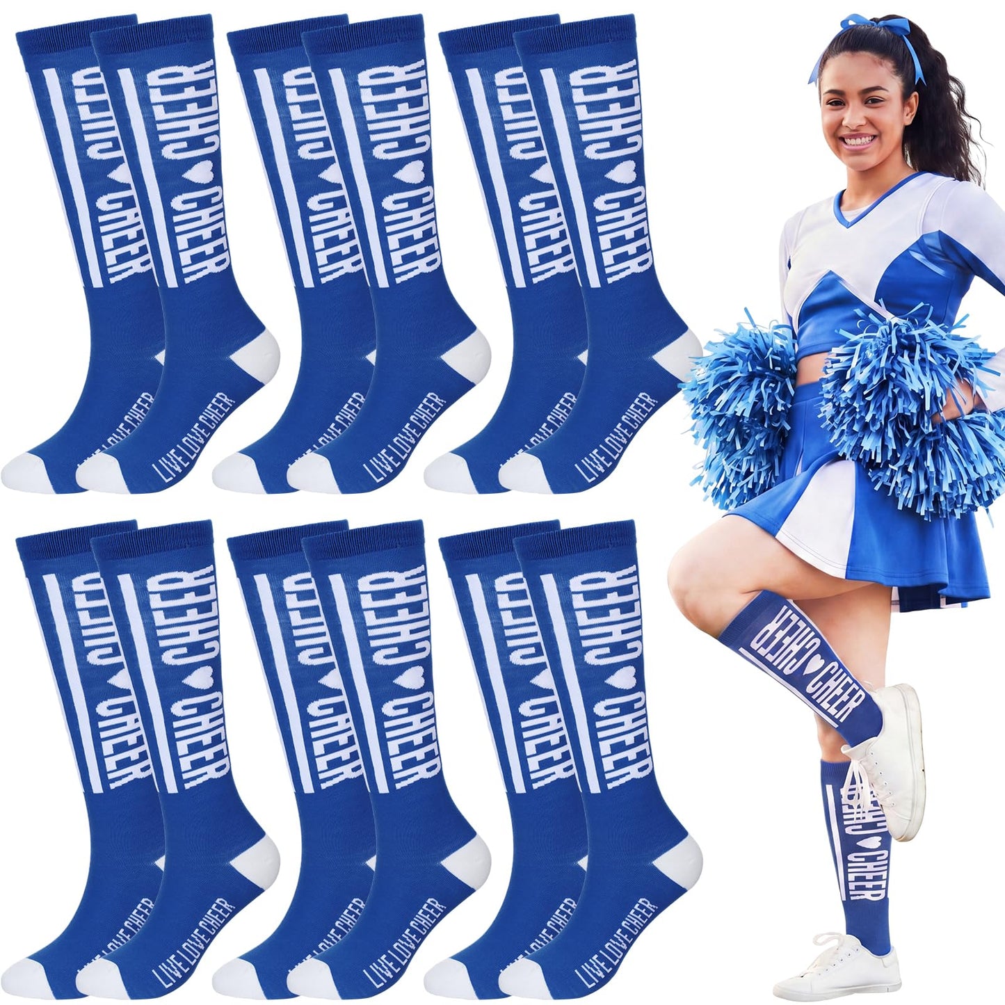 Twistover 6 Pairs Cheer Socks Bulk Live Love Cheer Cheerleader Team Knee-High Cheers Sock Spirit Team Accessories Gifts (Royal Blue)