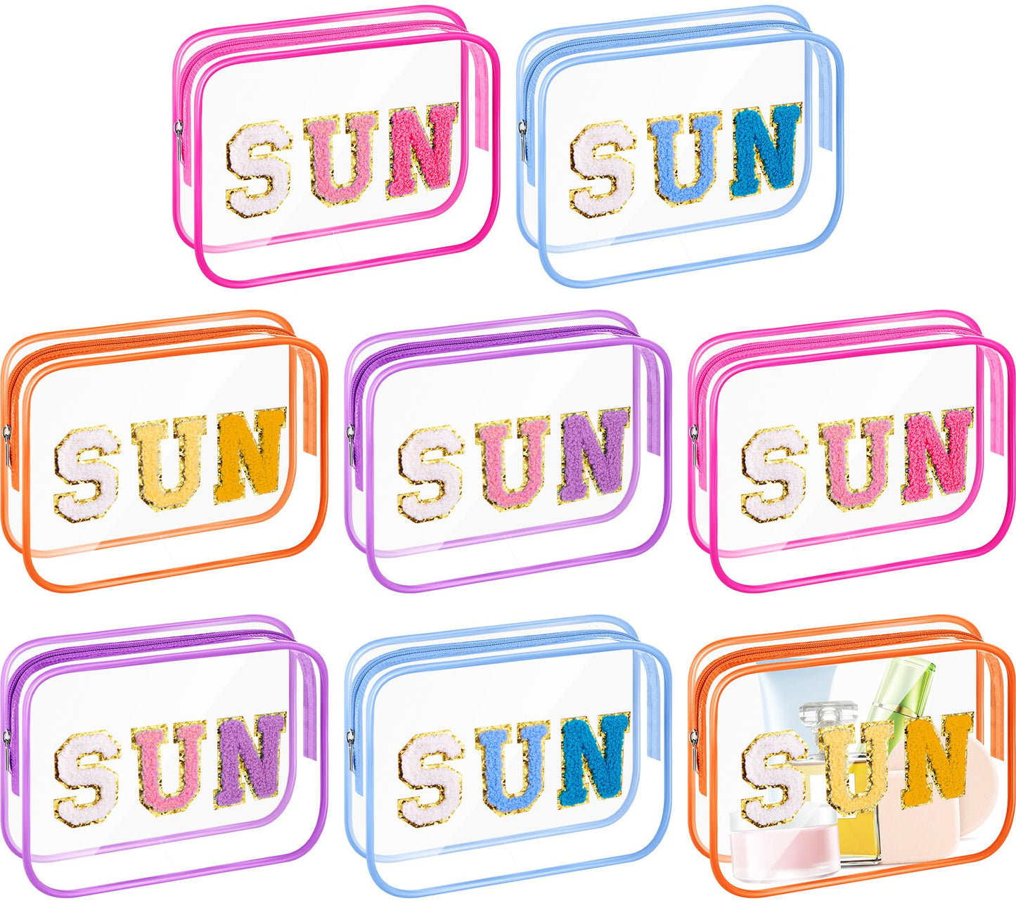 Kacctyen 8 Pcs Clear Makeup Bag Bulk Summer Beach Sunscreen Pouch Waterproof Toiletry Cosmetic Zippered Organizer with Preppy Chenille Letter Patch (Sun,Clear,Blue,Purple,Rose Pink,Orange)