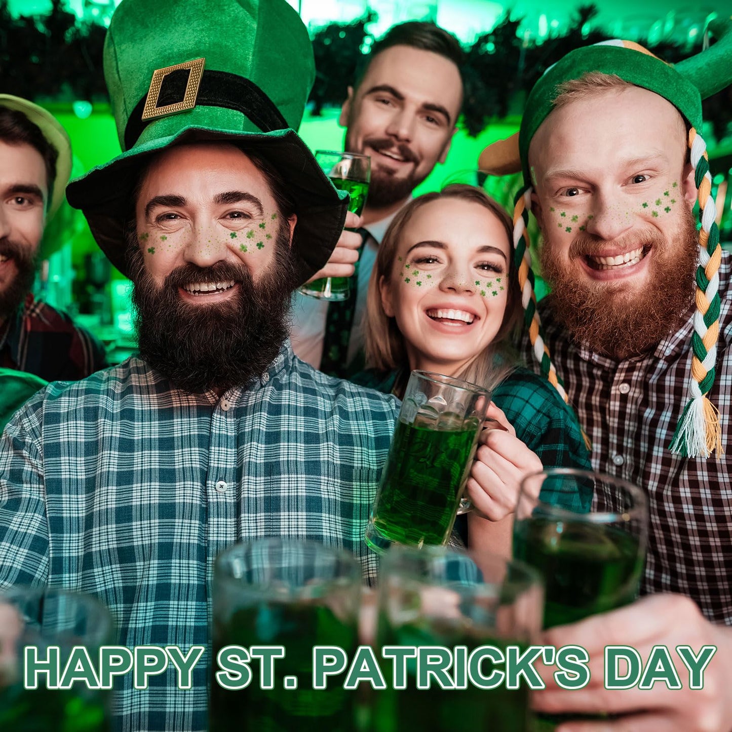 St. Patrick’s Day Temporary Tattoos - 6Pcs Glitter Shamrock & Four-Leaf Clover Face Stickers for Party