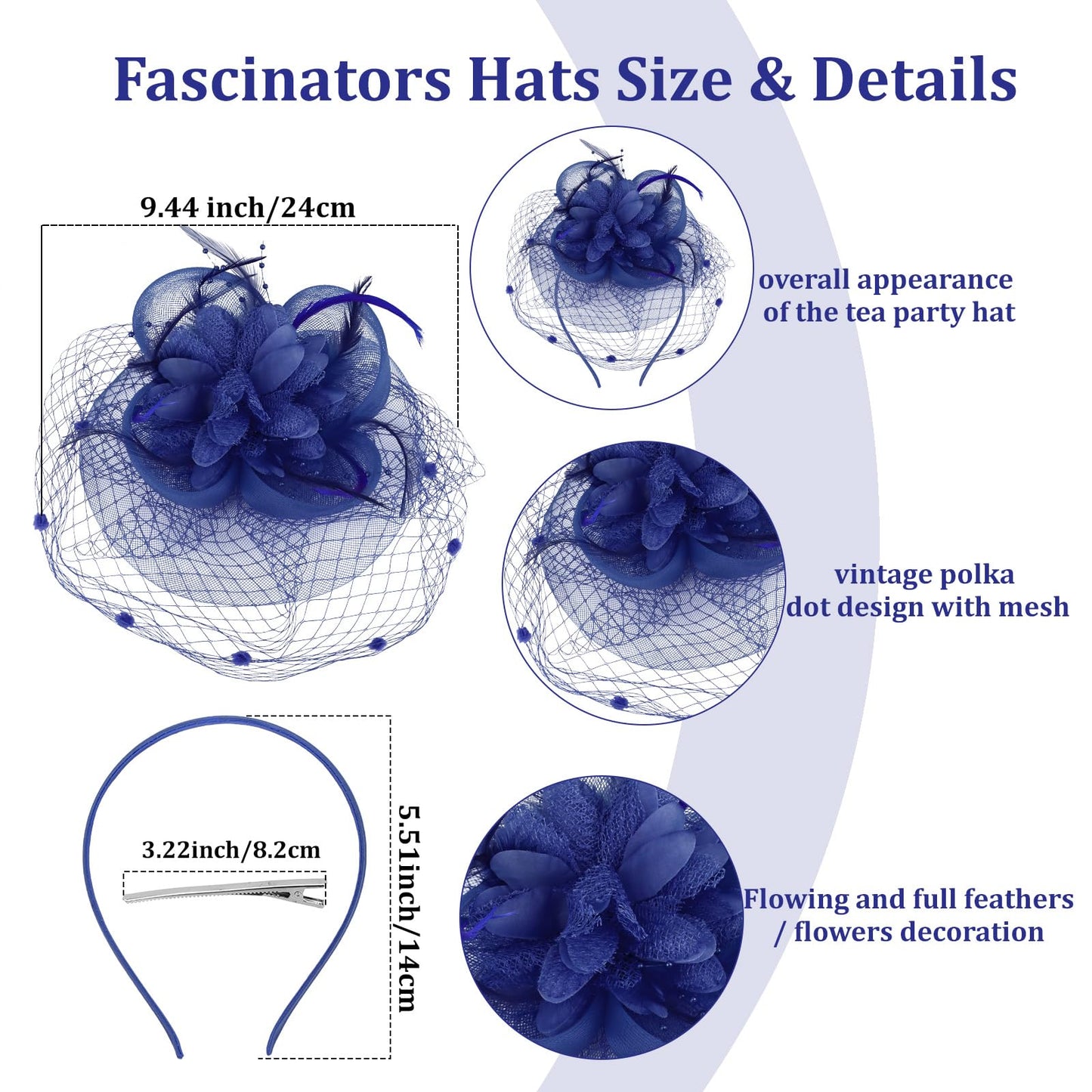 Semato Fascinators Hats for Women Mesh Feathers Elegant Royal Blue Tea Party Kentucky Hat Derby Headband with Hair Clip
