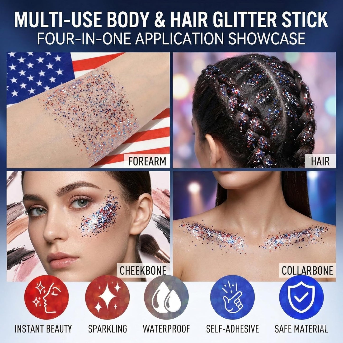 Body Glitter Stick - Red White Blue Face & Hair Makeup for Festivals | 1.2 oz Chunky Glitter