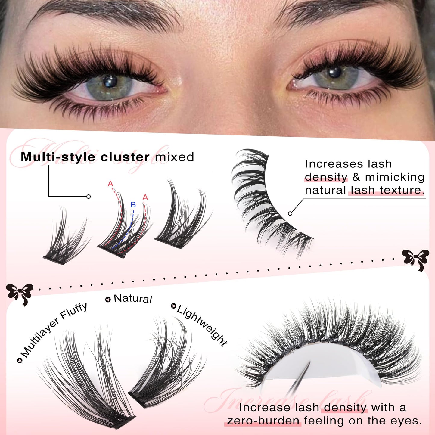 Goddvenus Wispy Lash Clusters Kit Cluster Eyelash Extensions Natural Lash Extension Kit C Curl Fluffy Individual Eyelashes with Bottom Lashes Clusters Waterproof Bond and Seal DIY at Home