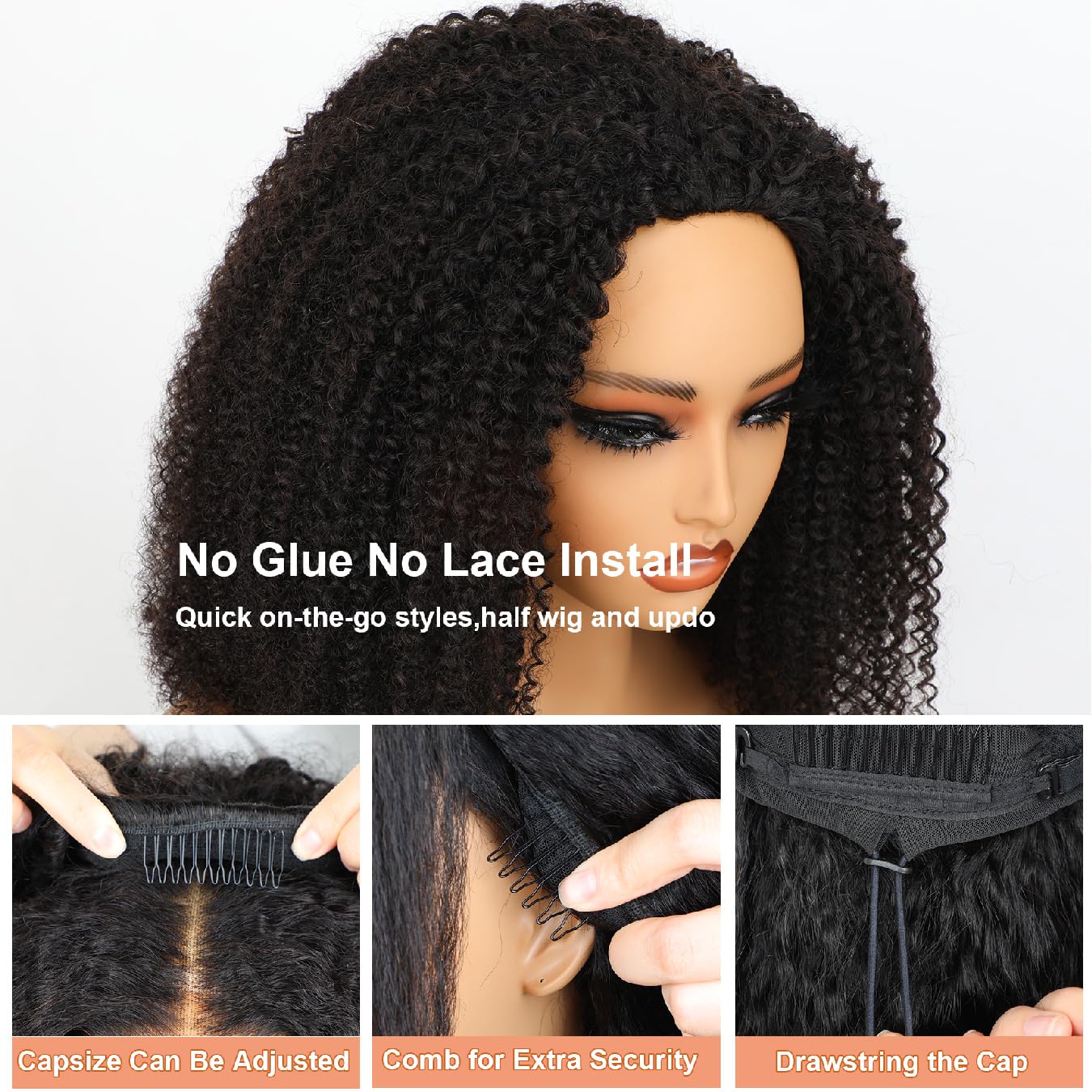 Afro Kinky Curly Half Wig - Human Hair Seamless 3-in-1 Flip Over | Beginner-Friendly, 20-Inch, Black Color
