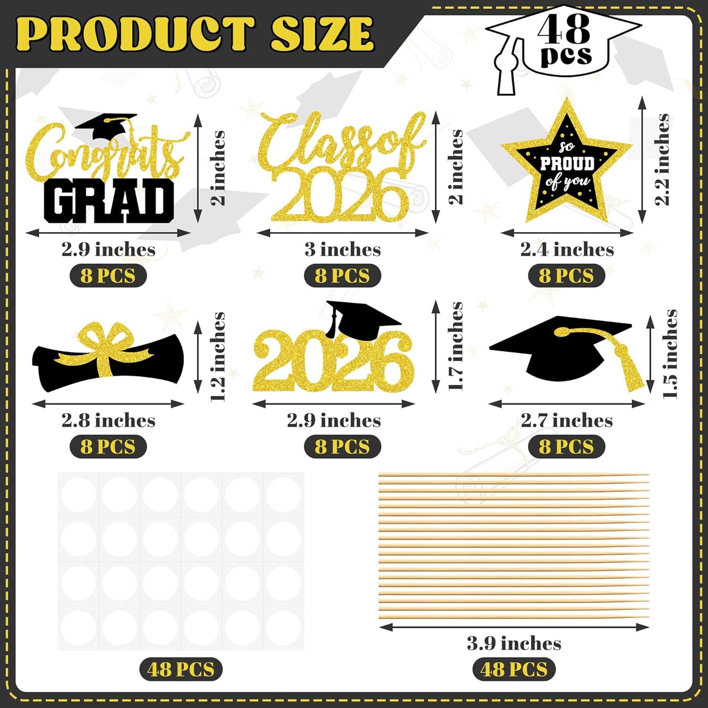 Graduation Cupcake Toppers - 48 PCS Black & Gold Congrats Grad Decorations | Glittery Cap & Diploma Picks for 2026 Party