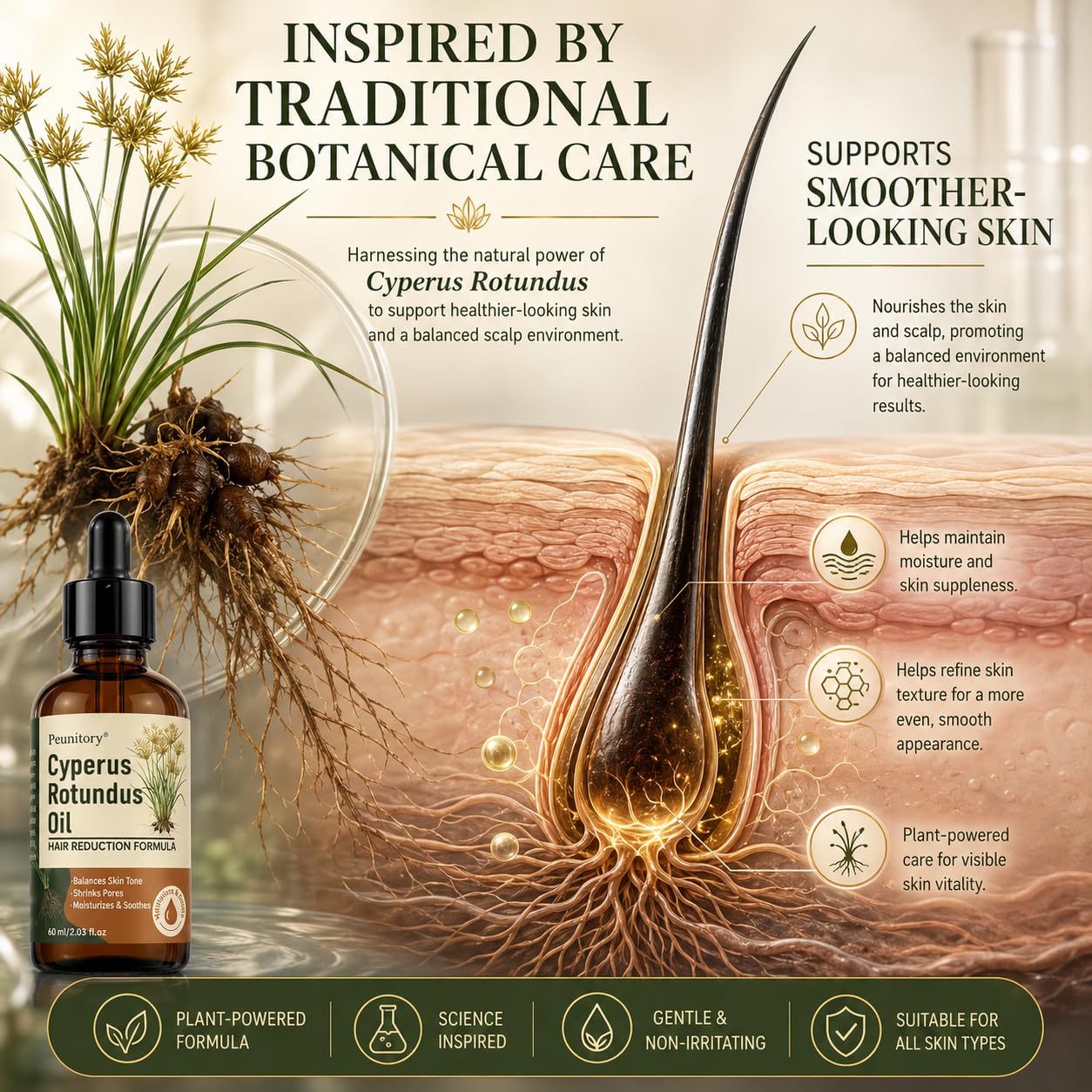 Cyperus Rotundus Oil - Natural Hair Removal & Growth Inhibitor | Reduces Ingrown Hairs & Razor Bumps, 2 Fl Oz