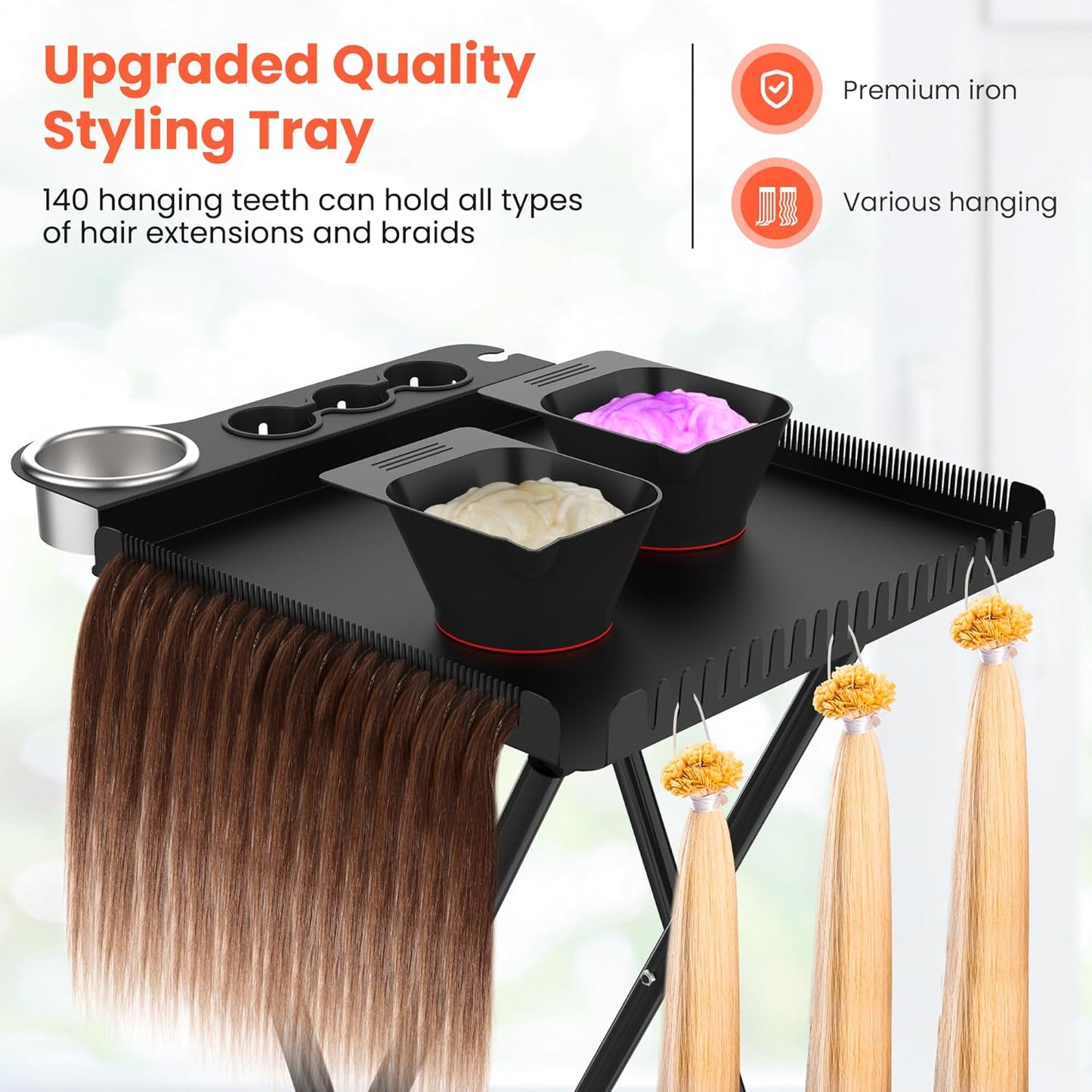 Professional Hair Styling Station Cart - Metal Rolling Salon Trolley with Magnetic Color Bowls & Tool Holder | Hair Extension Stand