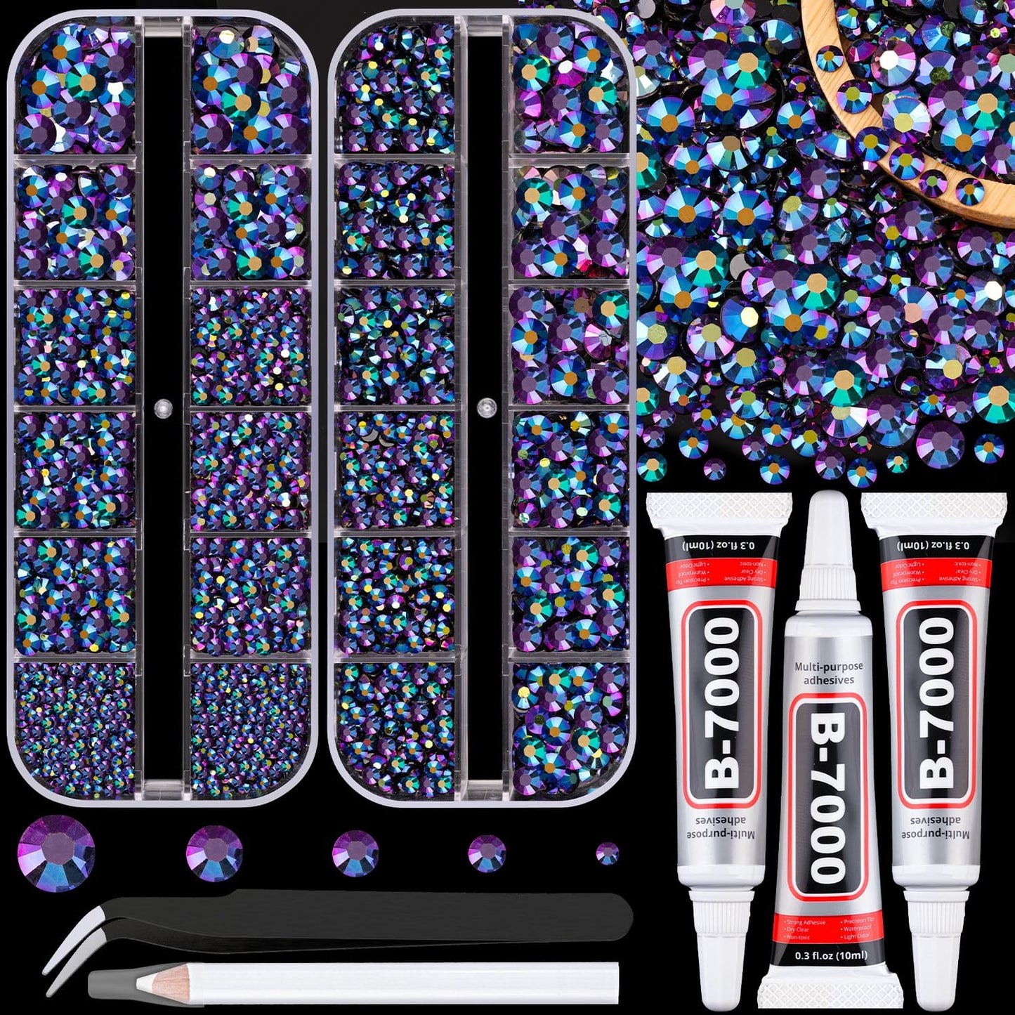 32000 Pcs Black Rhinestones - Flatback Resin Gems for Bedazzling | Jewelry Glue & Tweezers Included