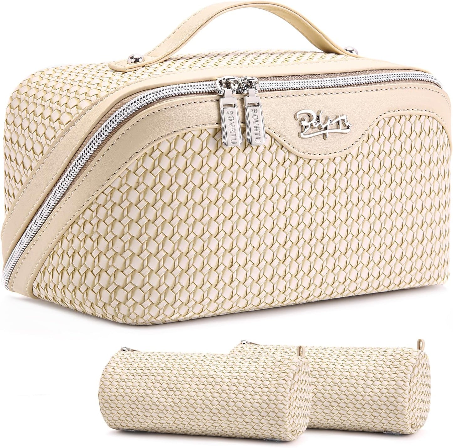 Travel Makeup Bag Organizer Set - 3 Pcs Waterproof Vegan Leather Cosmetic Bags for Women | Black