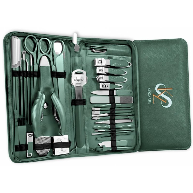 Kozaare: Nail Clippers Set Fingernail and Toenail Clipper Cutters for Men and Women, Professional Manicure Pedicure Grooming Kit, 40 Pieces Stainless Steel Nail Care Tools Travel Case (Green)