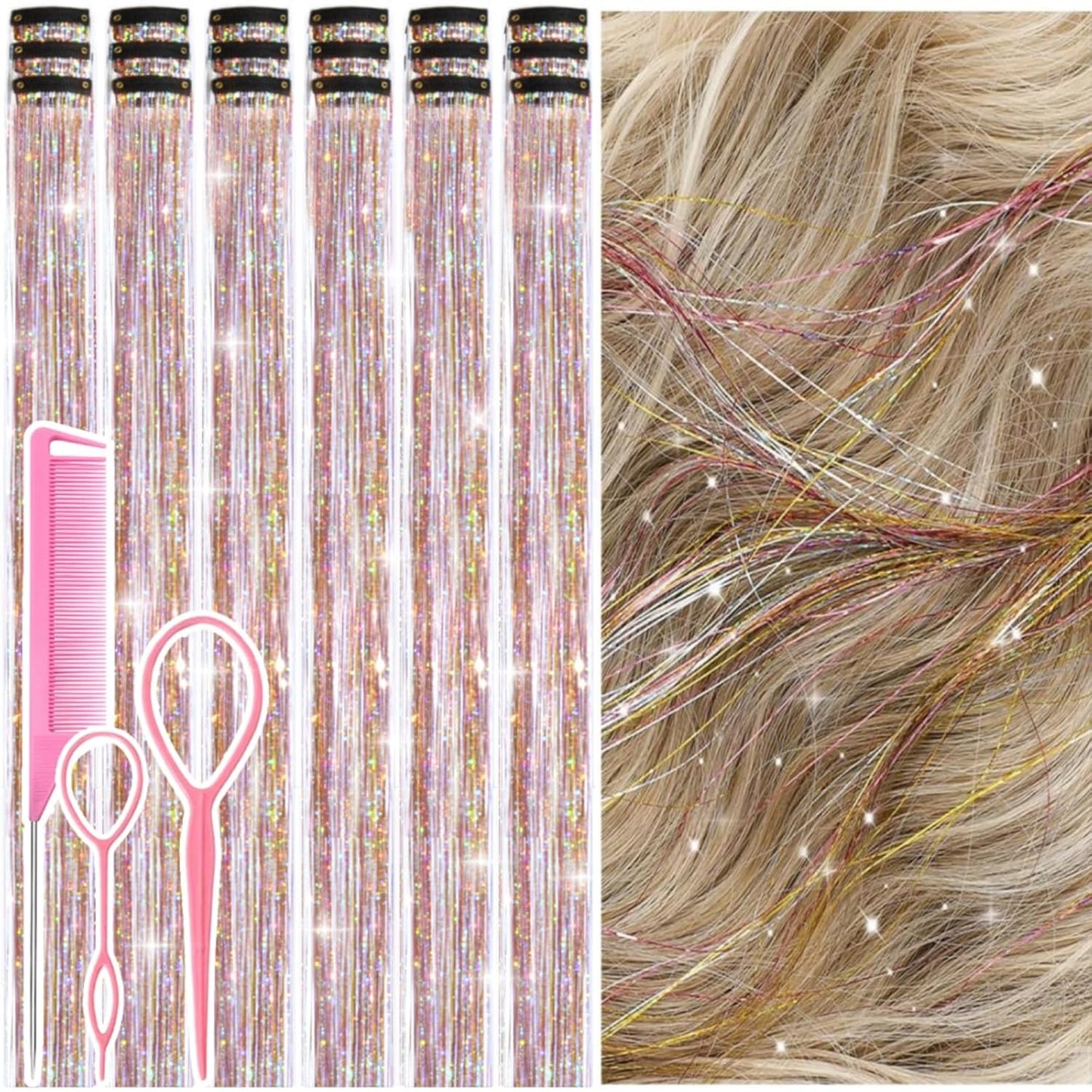 Hair Tinsel Kit - 12 Pcs 24 Inch Gold Glitter Clip-In Hair Extensions for Girls & Women | Perfect for Christmas & New Year Parties