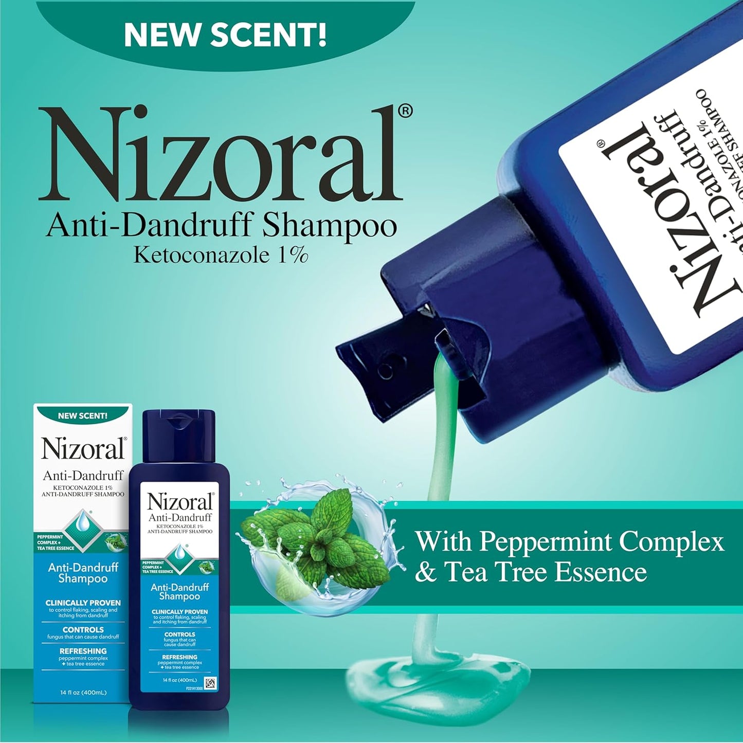 Nizoral Anti-Dandruff Shampoo - 1% Ketoconazole, 14 Fl Oz | Peppermint & Tea Tree Scent, All Hair Types