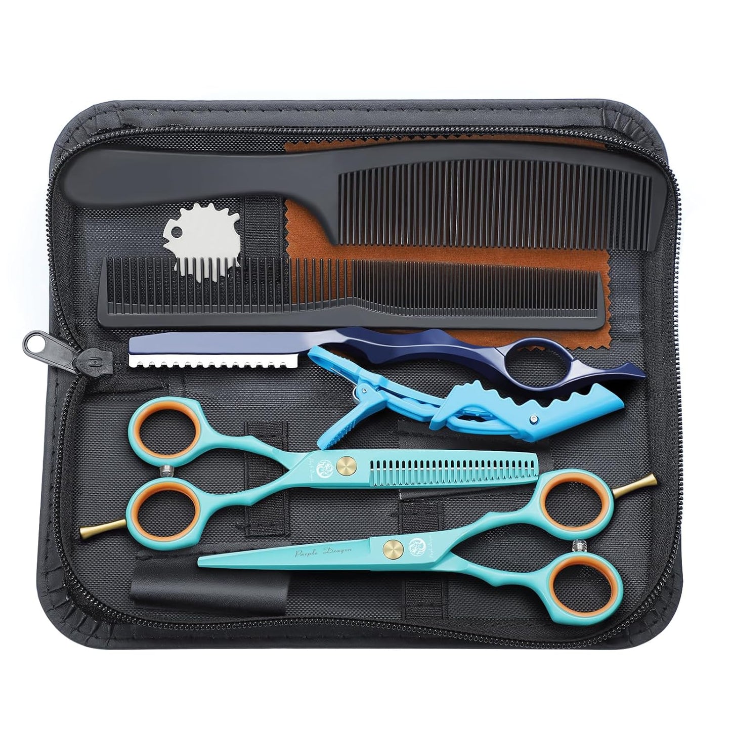 Purple Dragon Hair Cutting Scissors Set - 5.5 Inch Barber Shears with Razor & Leather Case | Thinning & Texturizing Tools for Professionals or Home Use
