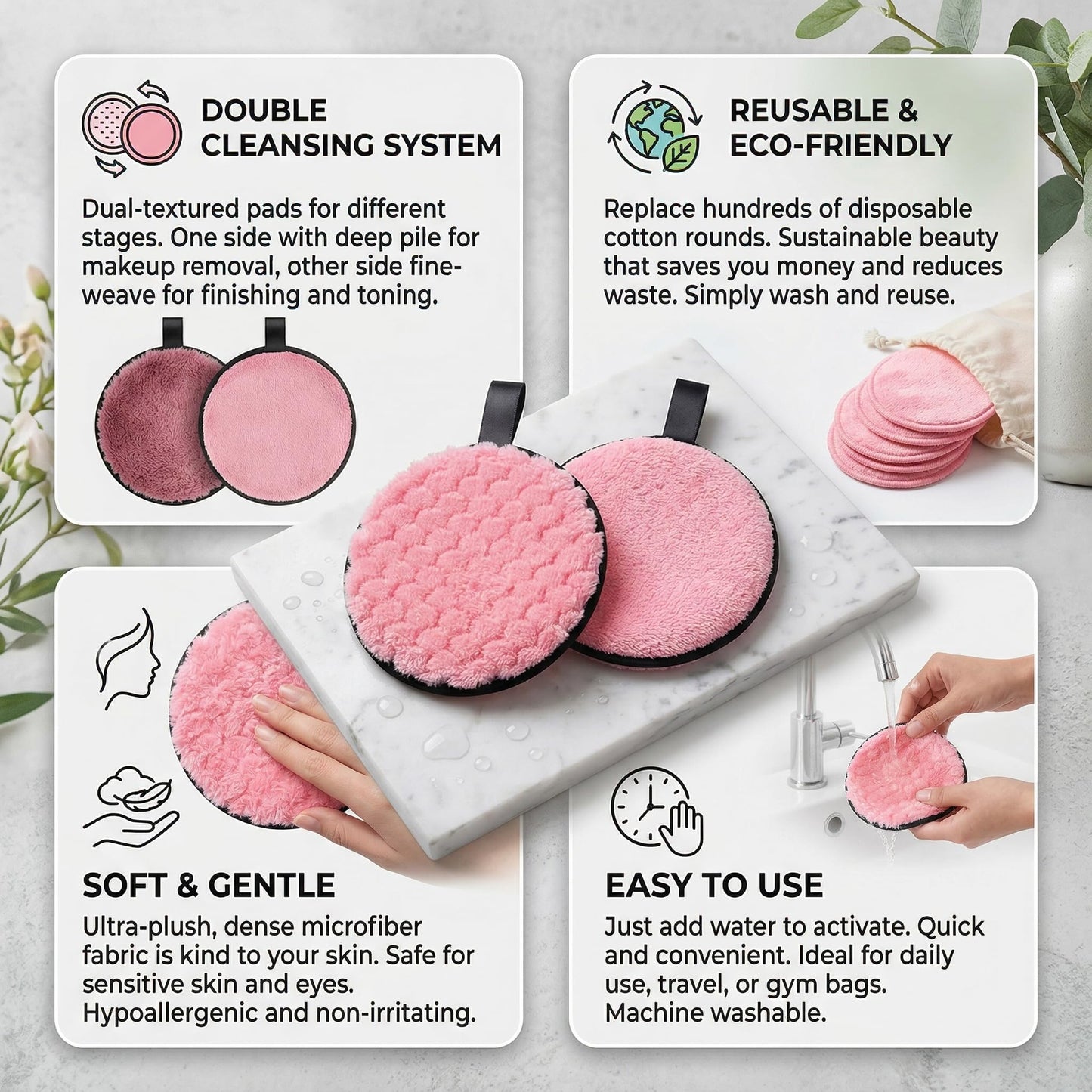 2PACK Makeup Remover Puff, Reusable Makeup Remover Pads for Removing Foundation, Mascara, Eyeshadow and Lipstick, Soft Facial Cleansing Pads for Daily Makeup Removal and Skincare Routine Pink