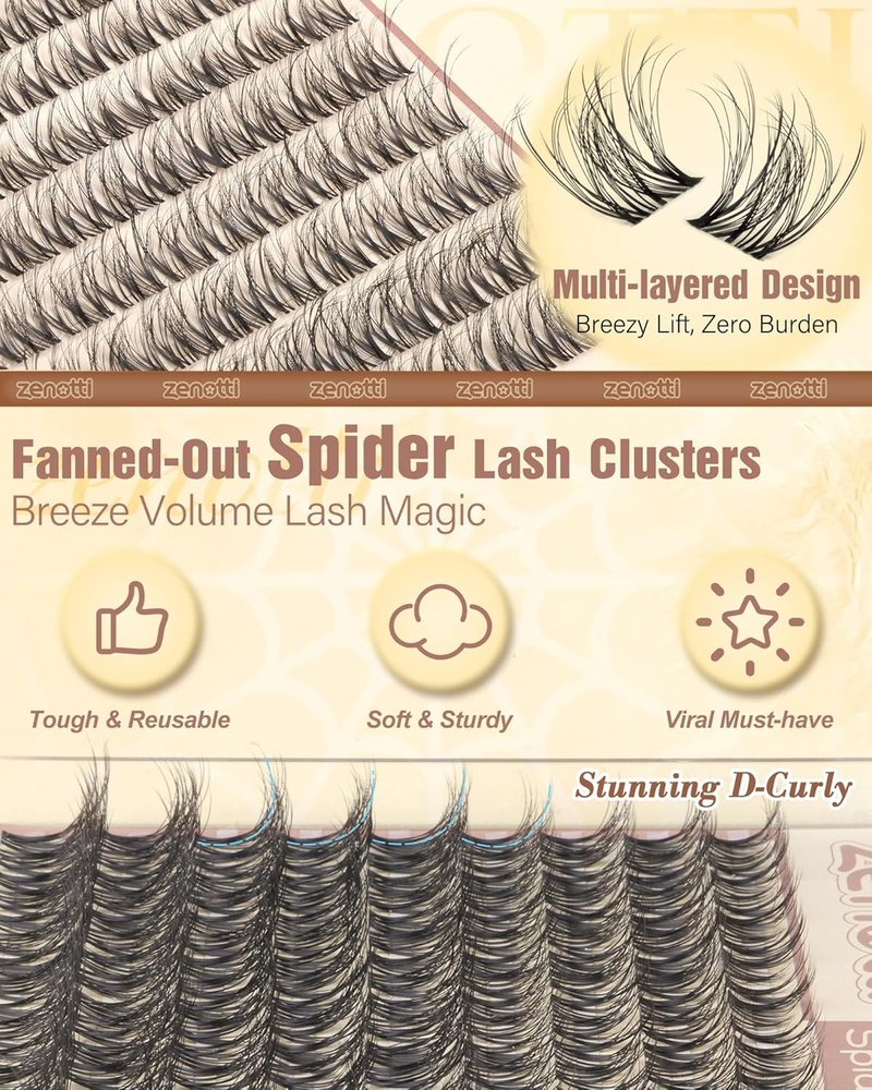 Spider Lash Clusters - Natural Breeze Wispy Eyelash Extensions | D Curl 10-16mm Clear Band Lashes