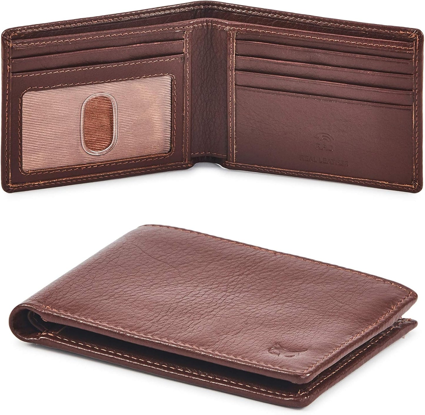 Real Leather Mens Bifold Wallet | RFID Blocking Slim Minimalist Design - Thin & Stylish with ID Window in Gift Box (Crazy Horse, Coffee)