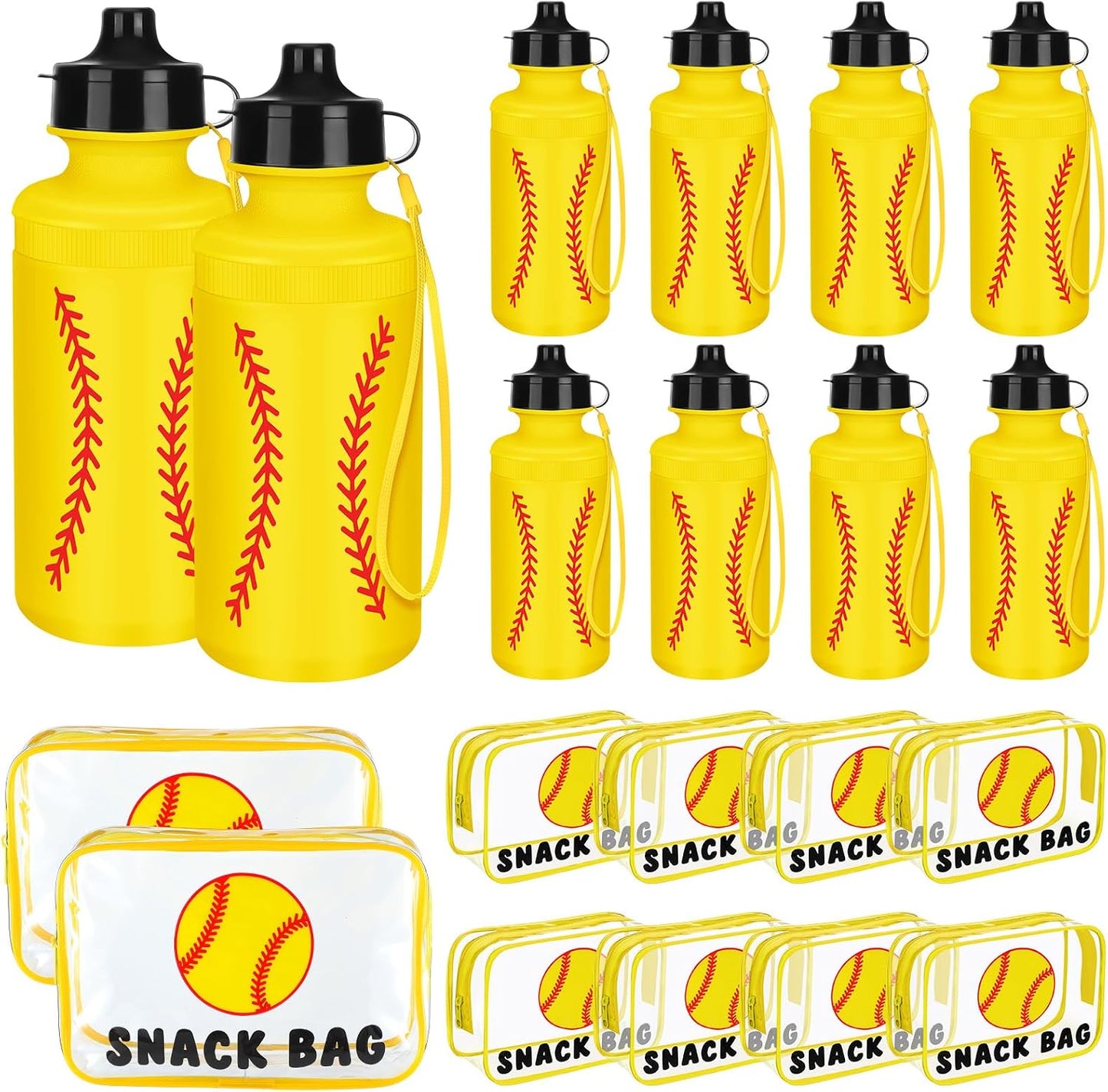 Reusable 20 oz Water Bottles Bulk - 8+8 Pcs Squeeze Plastic with Snack Bags | Clear PVC Waterproof Goodie Bags for Sports Parties