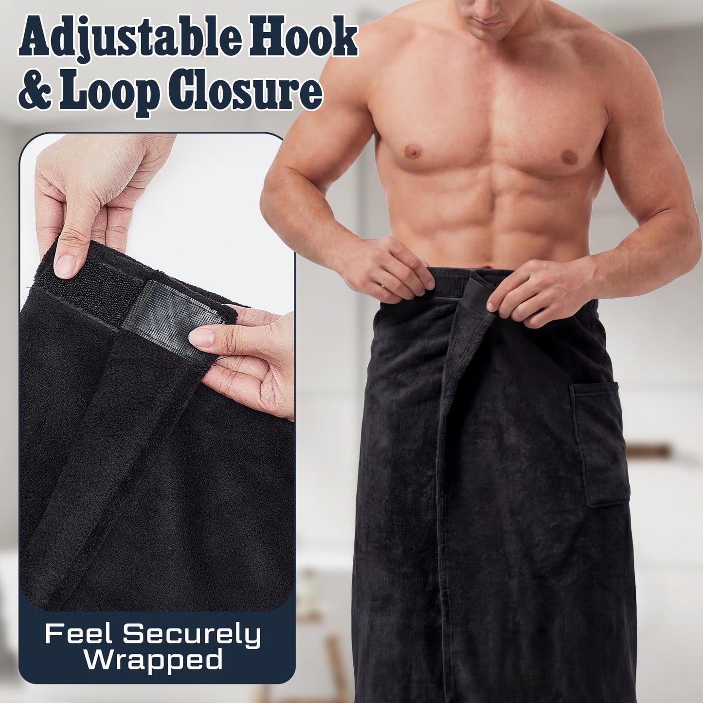 Tudomro 1 Pcs Men's Bath Wrap Towel X-Large Shower Adjustable Terry Body Spa Towel with Pocket After Shower Wrap for Men Gift Spa College Bath Dorm Room Gym (Black)