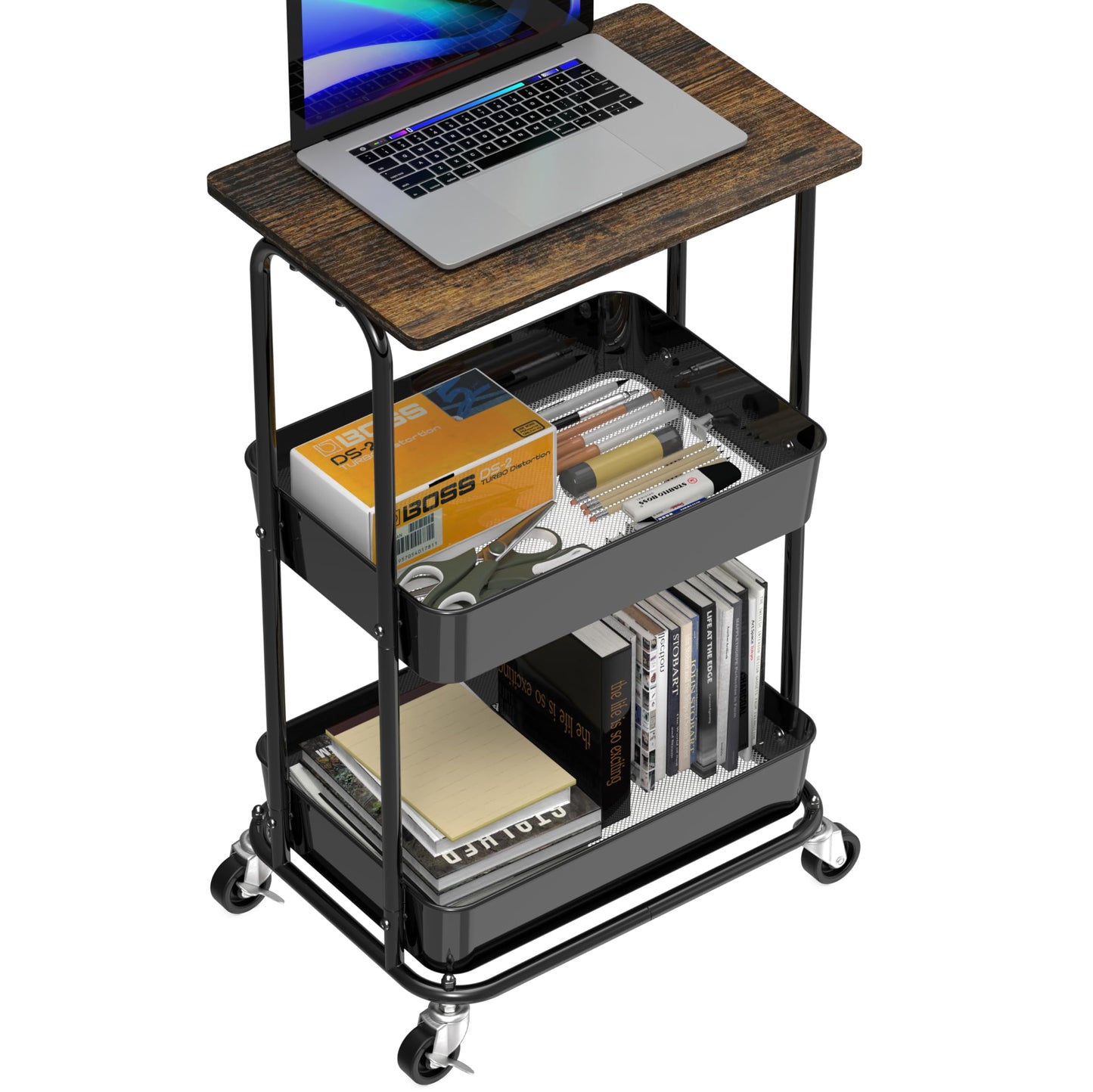 Simple Houseware 2-Tier Rolling Utility Cart with Lockable Wheels and Wood Top, Metal Storage Organizer Trolley for Kitchen, Bathroom, Office, Craft Room, Rustic Brown