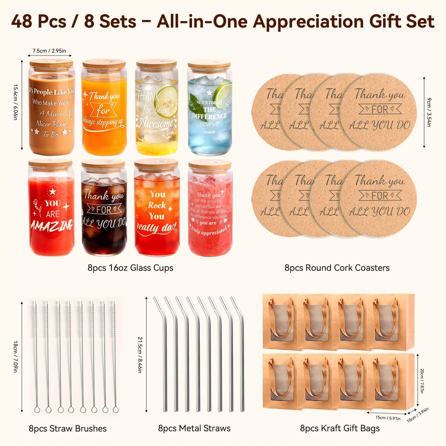 40 Pcs/8 Sets Employee Appreciation Gifts Glass Cups with Coasters, Straws, Gift Bags – Thank You Gifts for Coworkers, Teachers, Nurses, Staff, for Office, School, Team Building, Birthday & Holiday