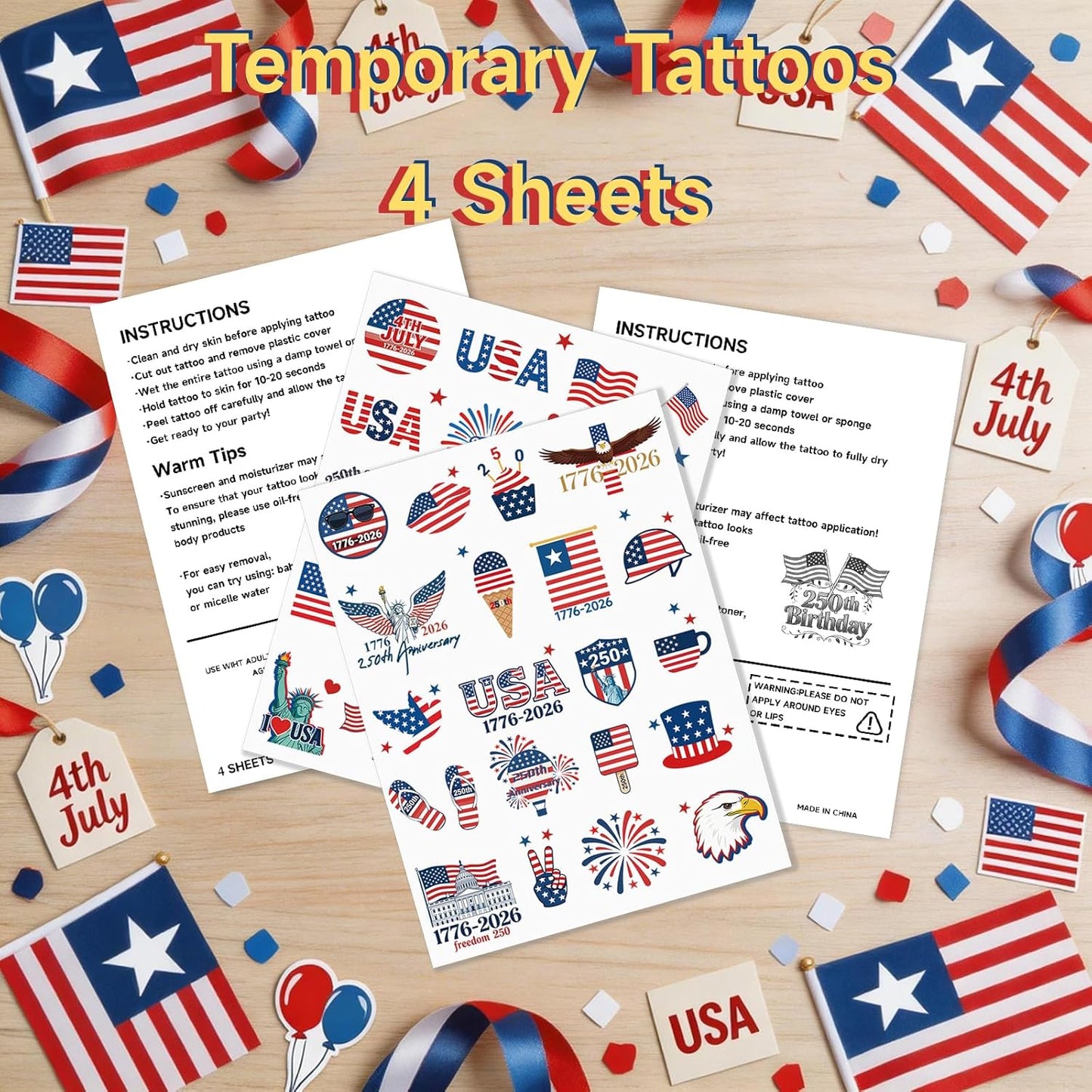 Temporary Tattoos - 250th Anniversary US Flag Designs | 80 Patriotic Stickers for Teens & Adults
