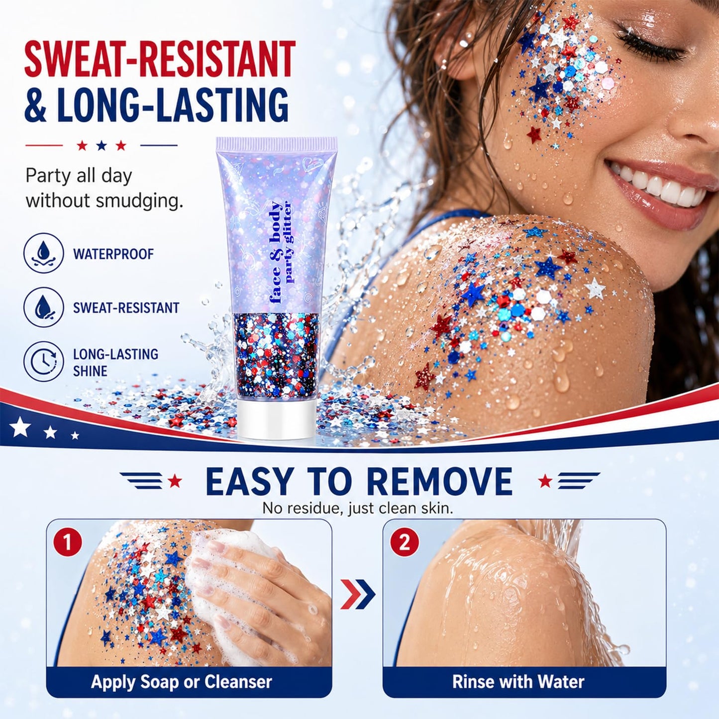 4th of July Glitter Stick, Red White & Blue Glitter Stick for Hair&Face, Waterproof & Easy Clean, Patriotic Independence Day 250th Anniversary Fourth of July Outfits Accessories for Women & Kids