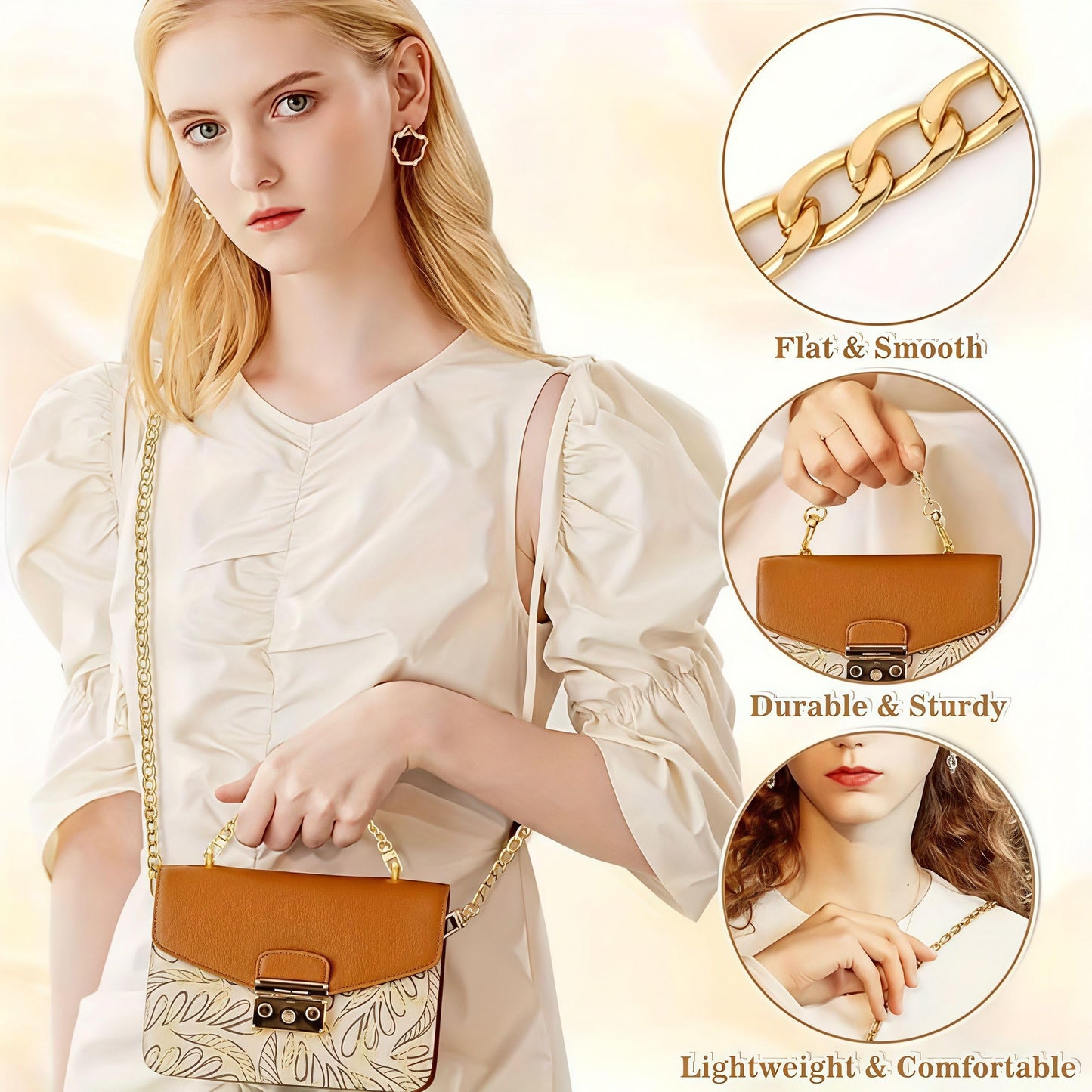 A Golden Wallet Chain Replacement, Women's Bag Extension Accessory, for Handbags, Crossbody & Waist Bags, Stylish DIY Chain, Golden, 4