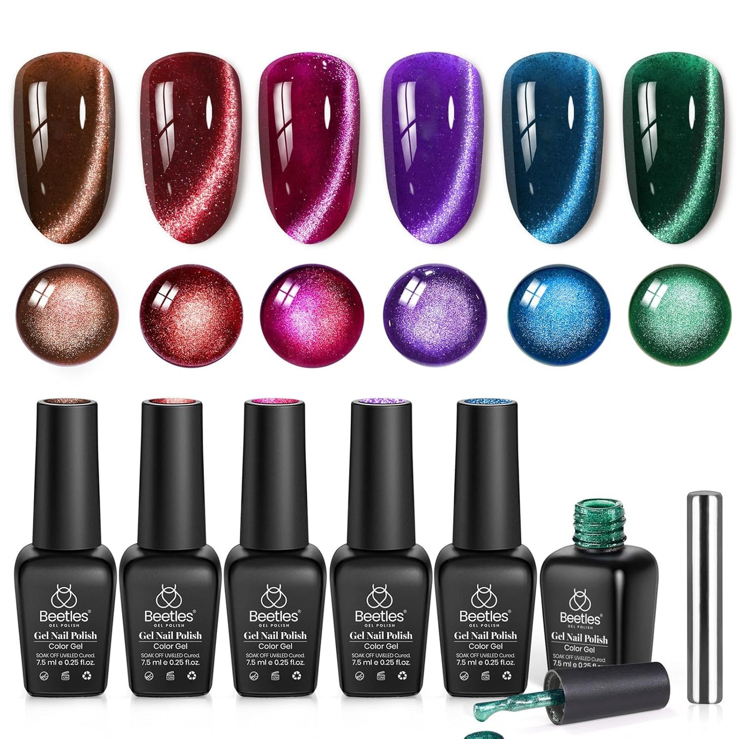 Beetles Green Gel Nail Polish Set - 6 Colors Cat Eye Glitter Gel | Summer Lime Yellow Flash UV LED Starter Kit for DIY Home & Salon Use