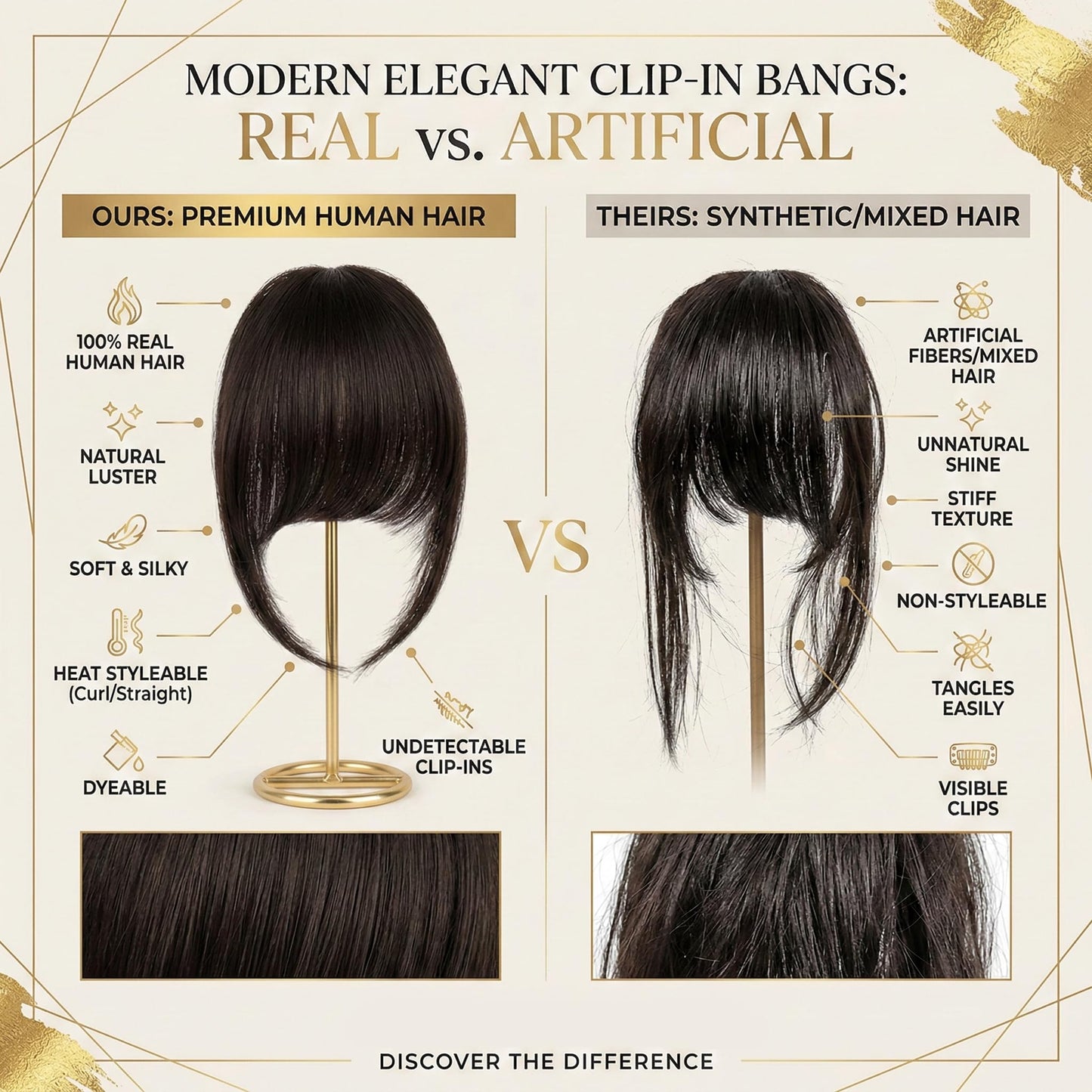 Ever Beauz Natural Wispy Bangs Hair Clip, 100% Remy Human Wig, Soft Feathered Fringe with Temples for Instant Face-Framing, Easy Snap-On Hairpiece (Brown Black)