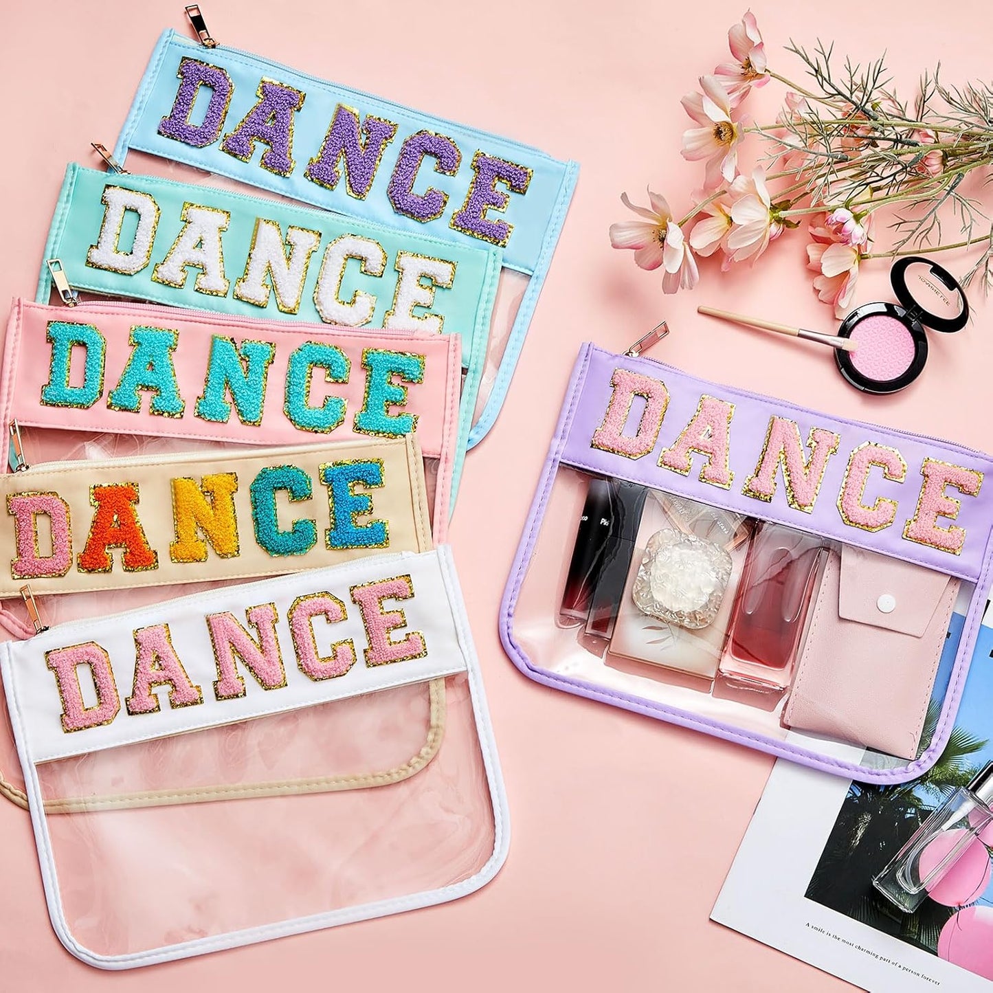 Chenille Letter Dance Patch Makeup Bags - Waterproof PVC Cosmetic Organizer | 6 Pcs Candy Color Toiletry Pouches
