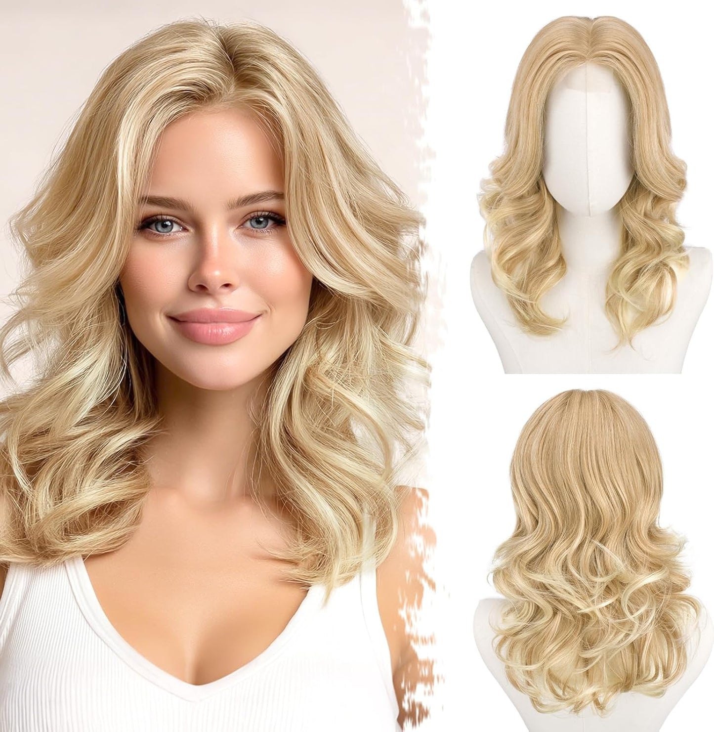 Short Wavy Layered Blonde Ombre Wig - Shoulder Length Body Wave with Face-Framing Bangs | Soft Synthetic Hair for Daily Wear
